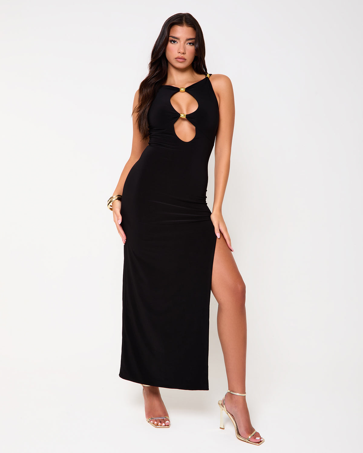 Downtown Black Cut Out Split Leg Maxi Dress