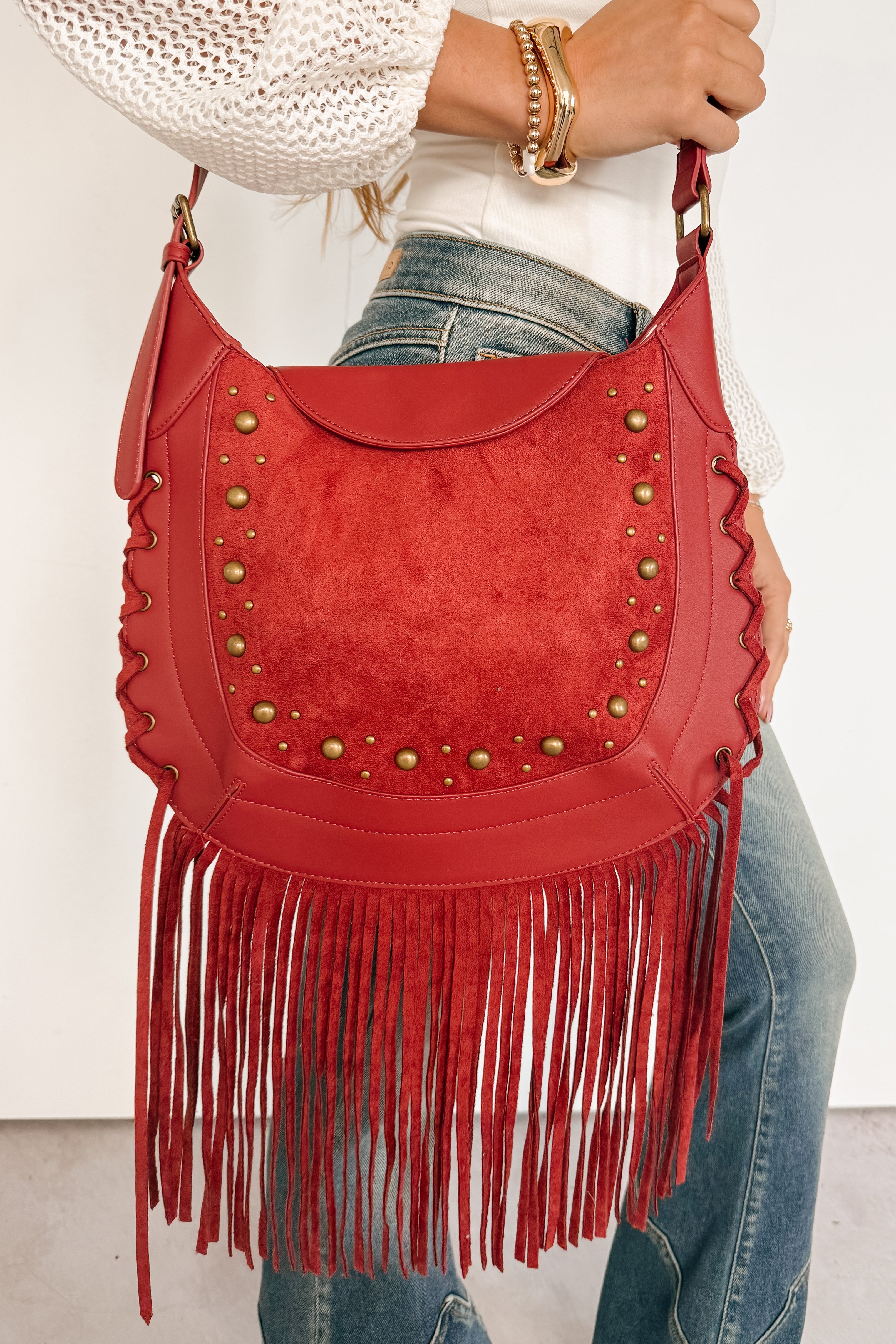 Prairie Kisses Faux Leather Fringe Trim Bag (Red)