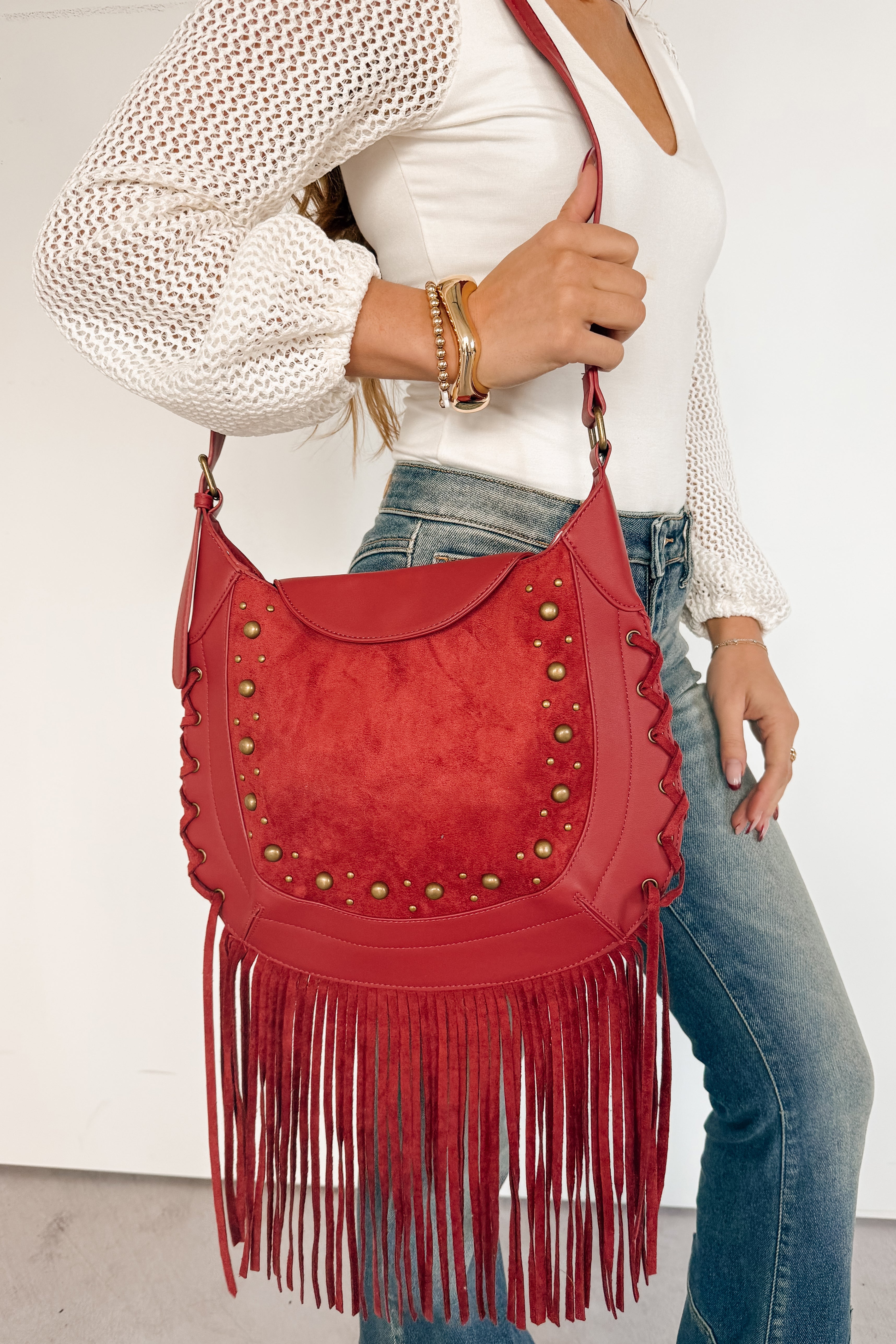 Prairie Kisses Faux Leather Fringe Trim Bag (Red)