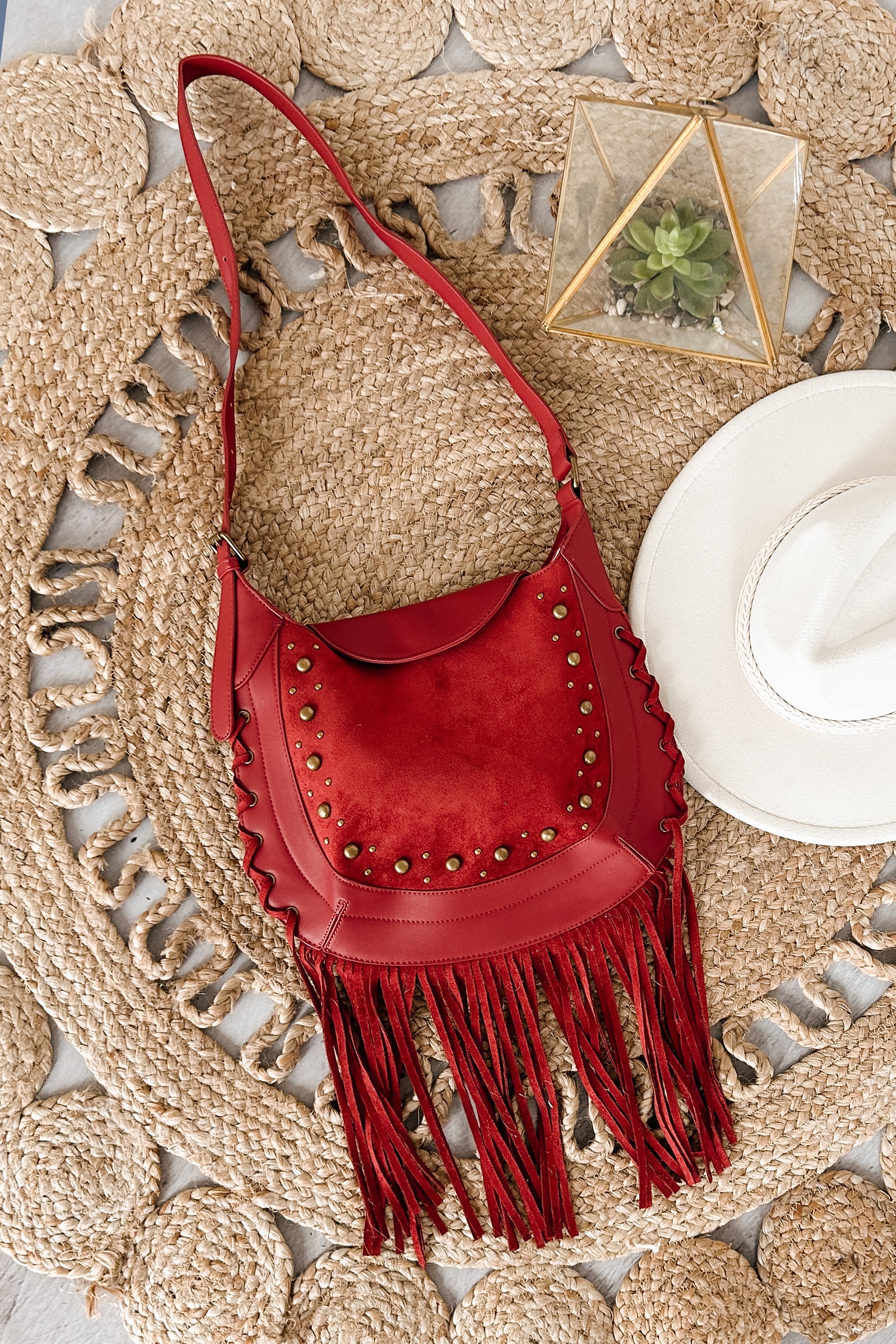 Prairie Kisses Faux Leather Fringe Trim Bag (Red)