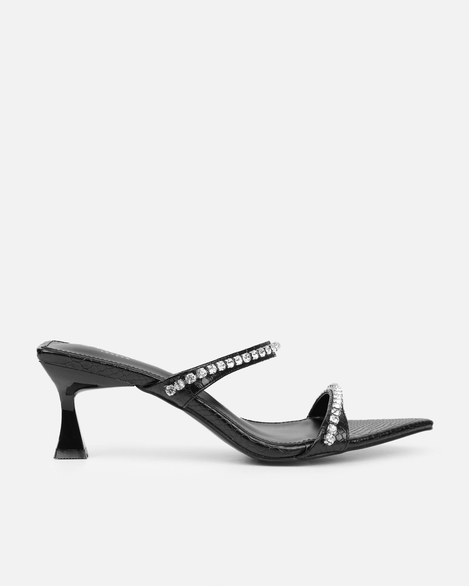 Adrienne Black Faux Snake Diamante Low Heeled Sandals