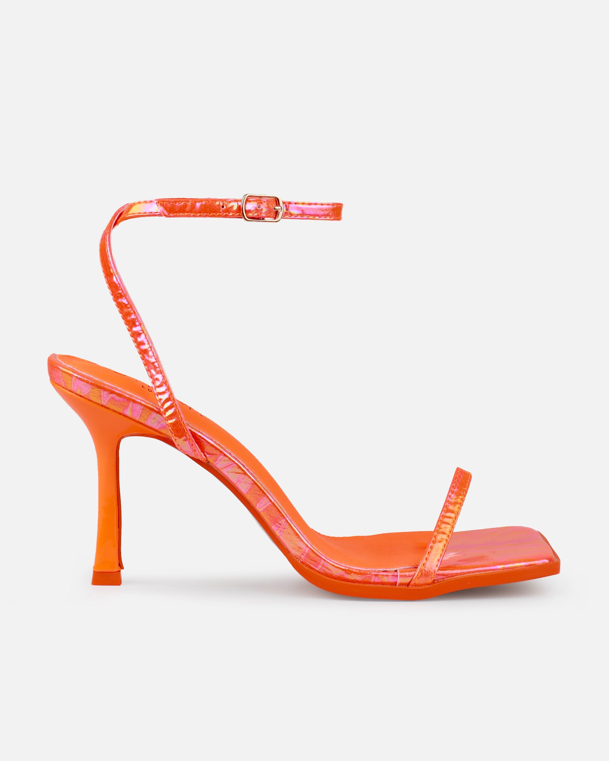 Aeros Orange Square Toe Strappy Stiletto Mid Heels