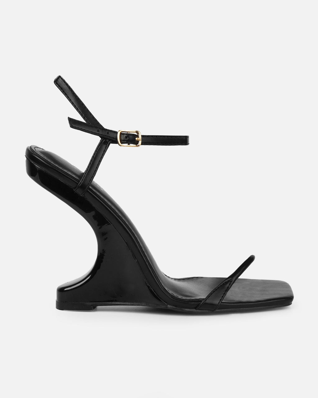 Aja Black Square Toe Strappy Patent Wedges
