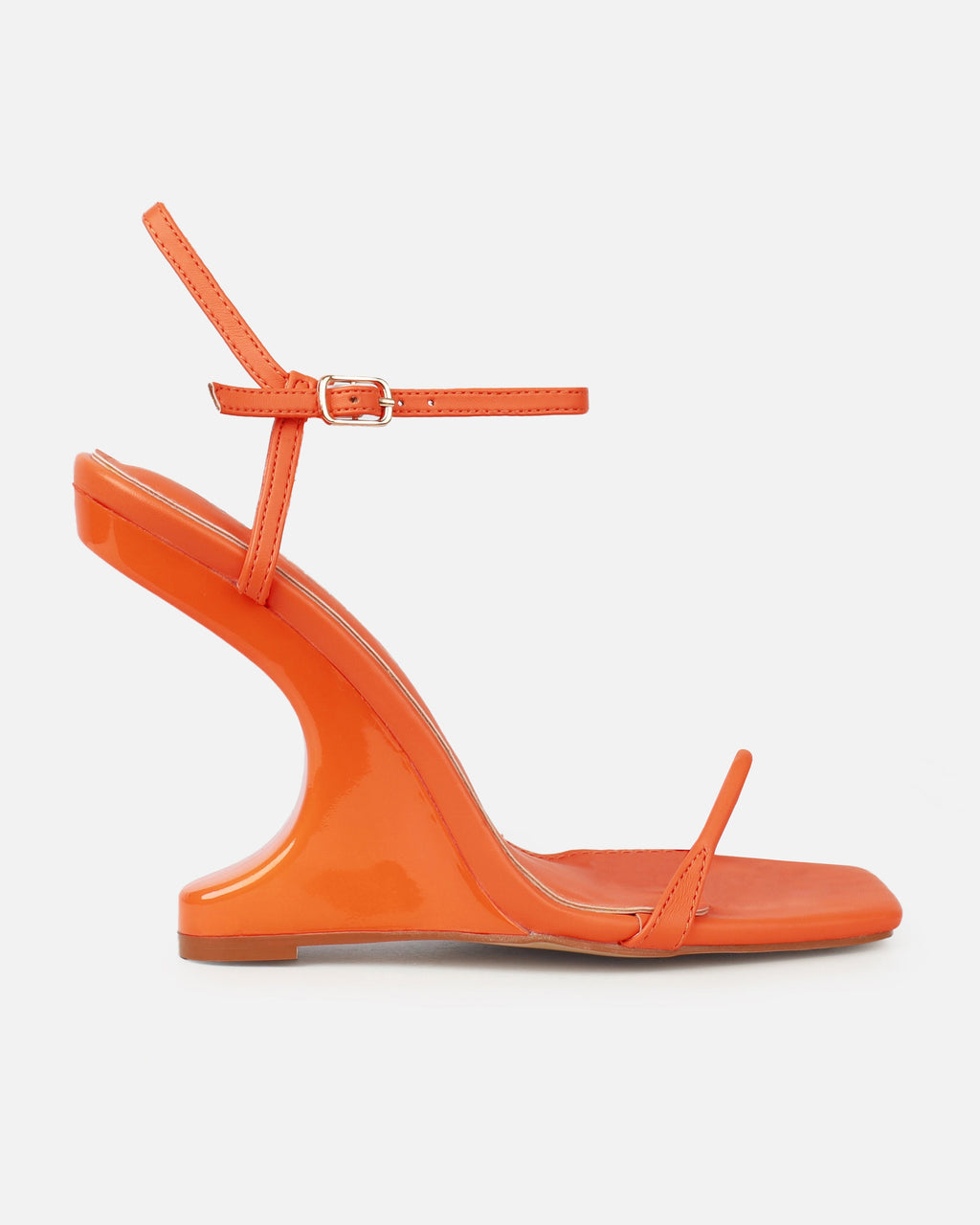 Aja Orange Square Toe Strappy Patent Wedges