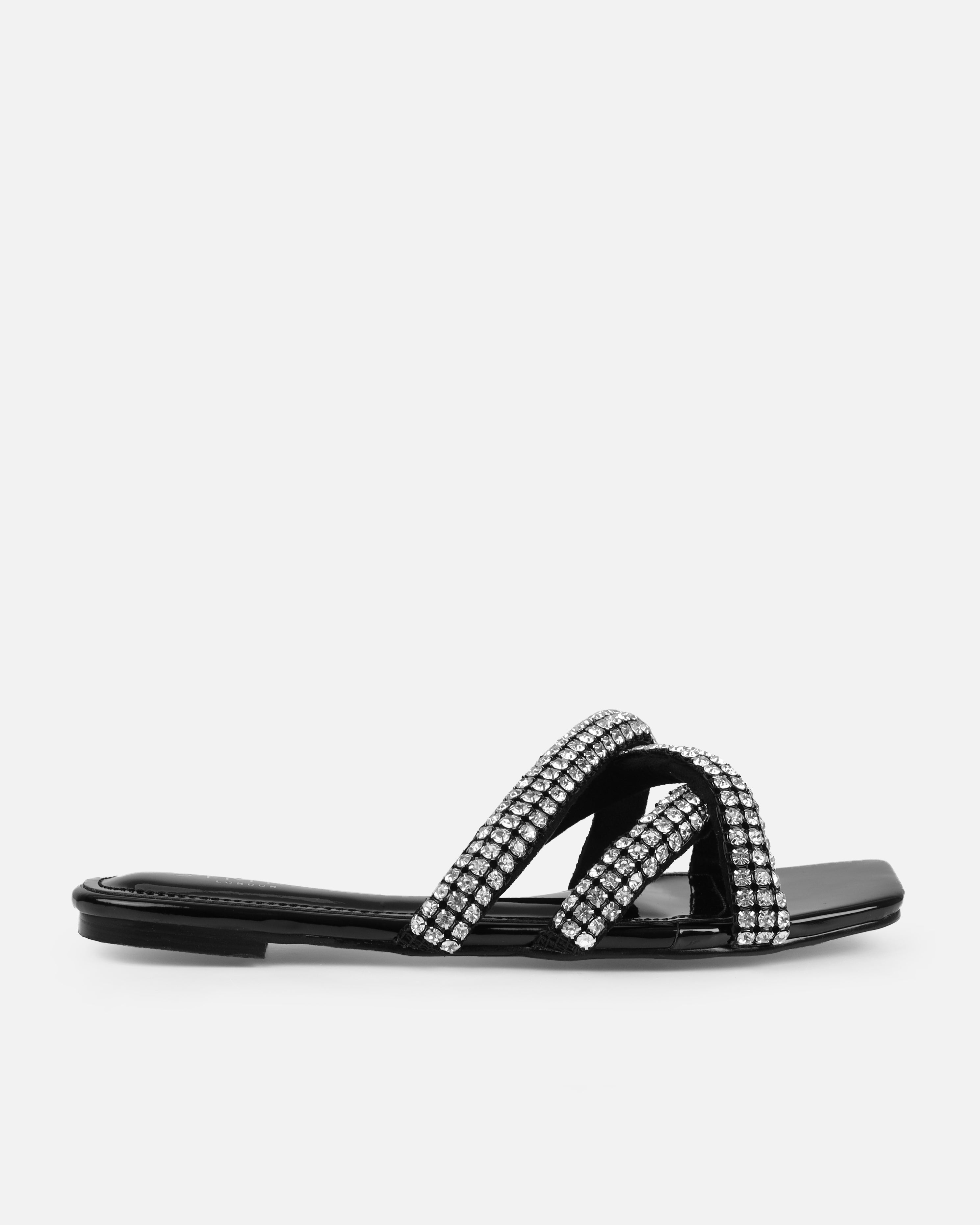 Akari Black Diamante Crossover Straps Flat Sandals