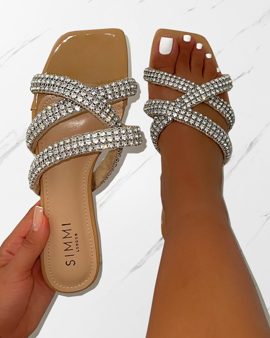 Akari Nude Diamante Crossover Straps Flat Sandals