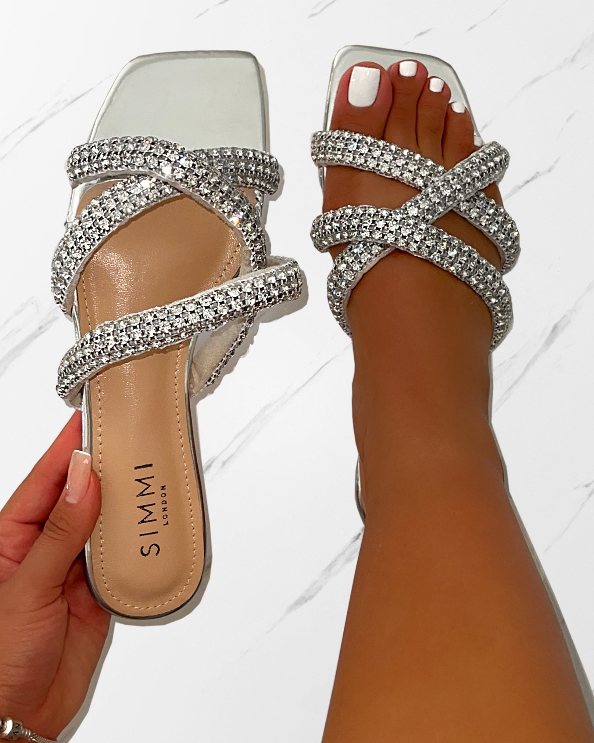Akari Silver Diamante Crossover Straps Flat Sandals