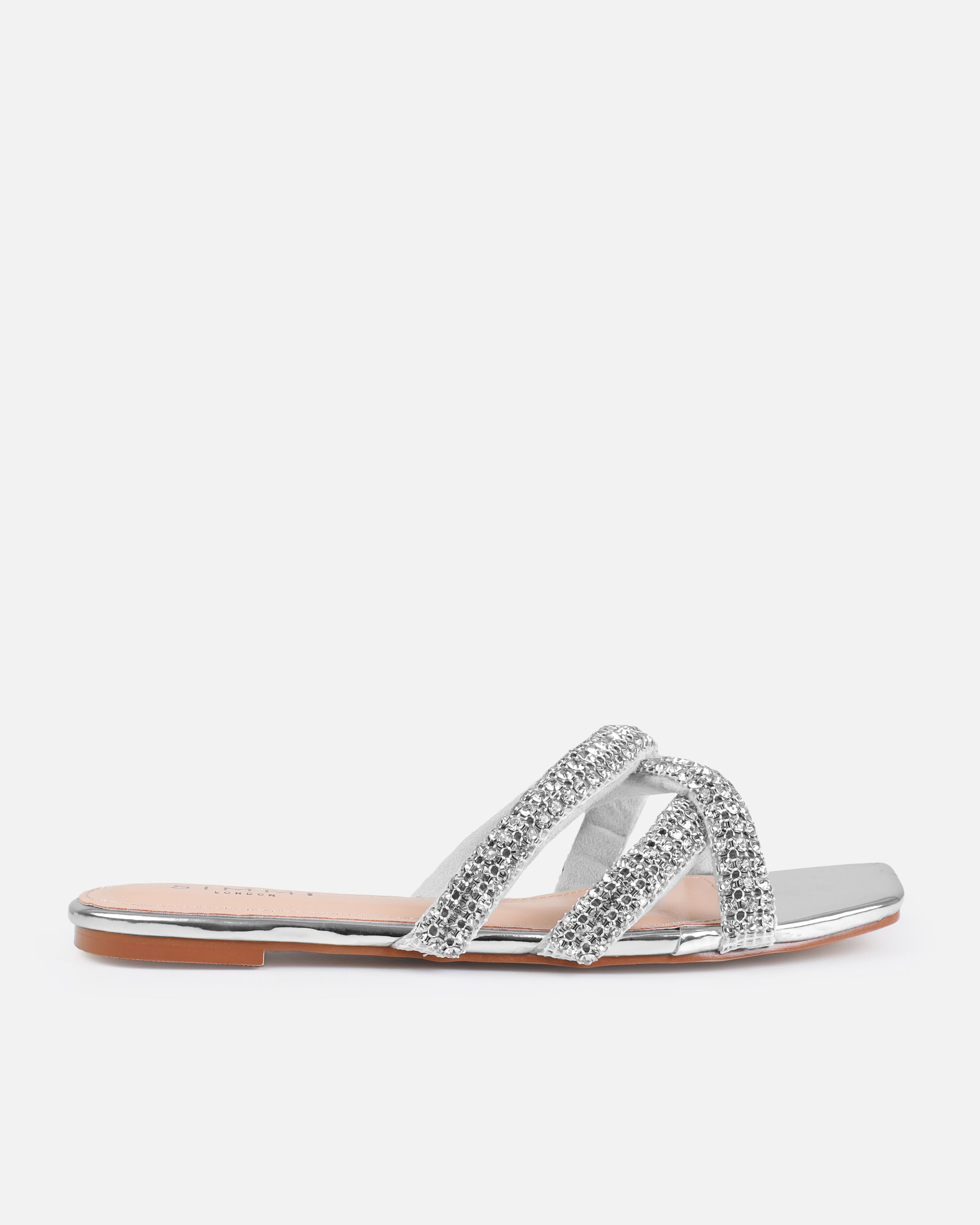 Akari Silver Diamante Crossover Straps Flat Sandals