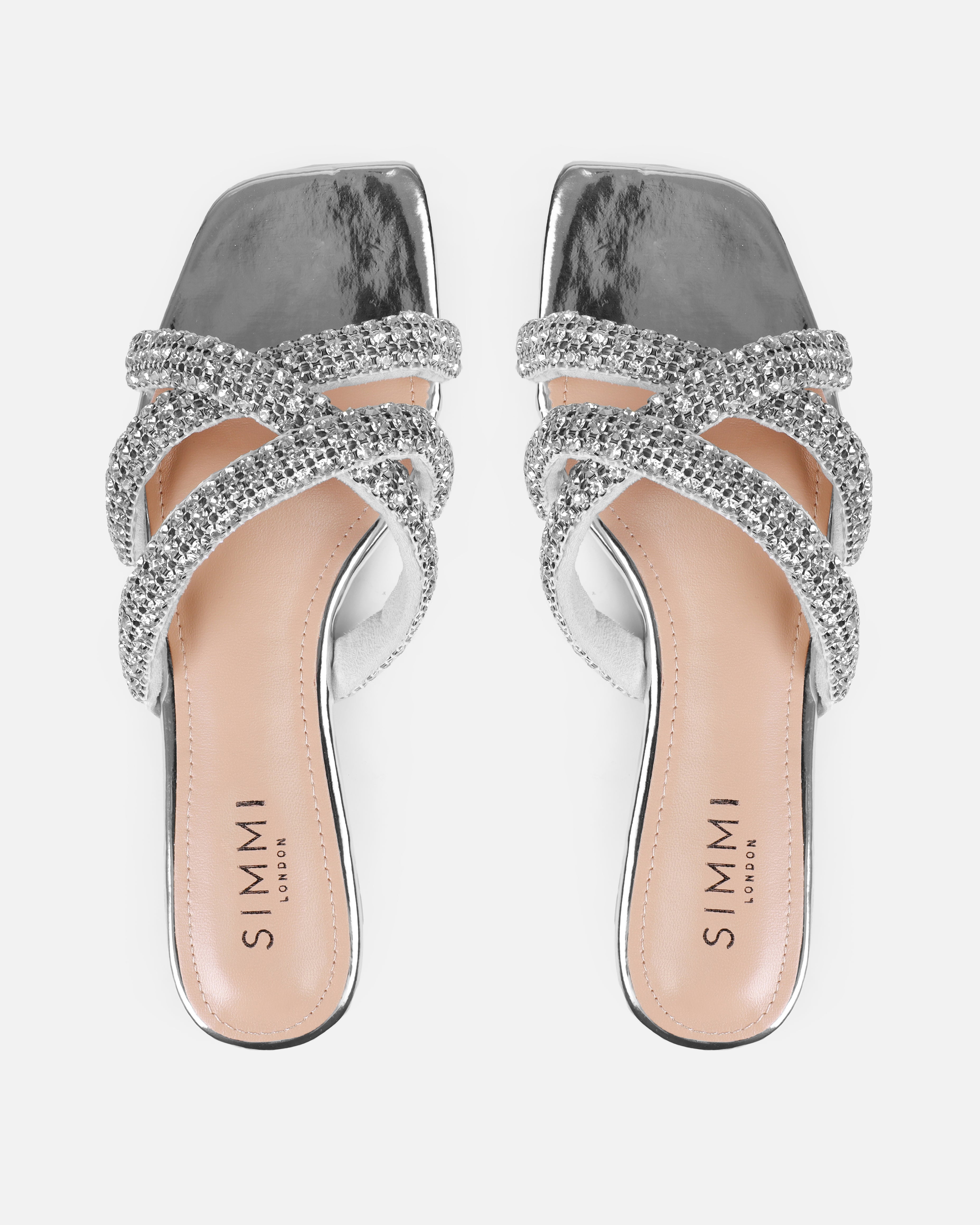 Akari Silver Diamante Crossover Straps Flat Sandals