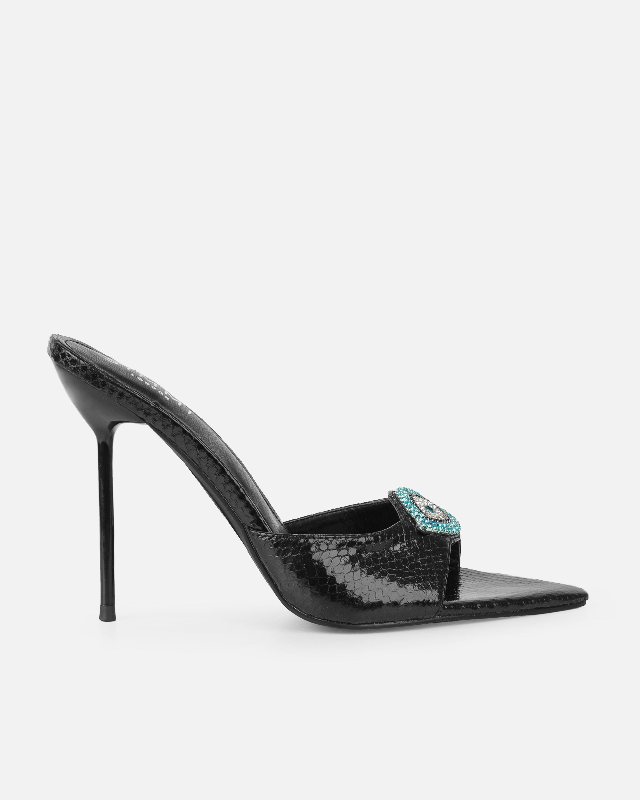 Akia Black Faux Snake Evil Eye Stiletto Mules