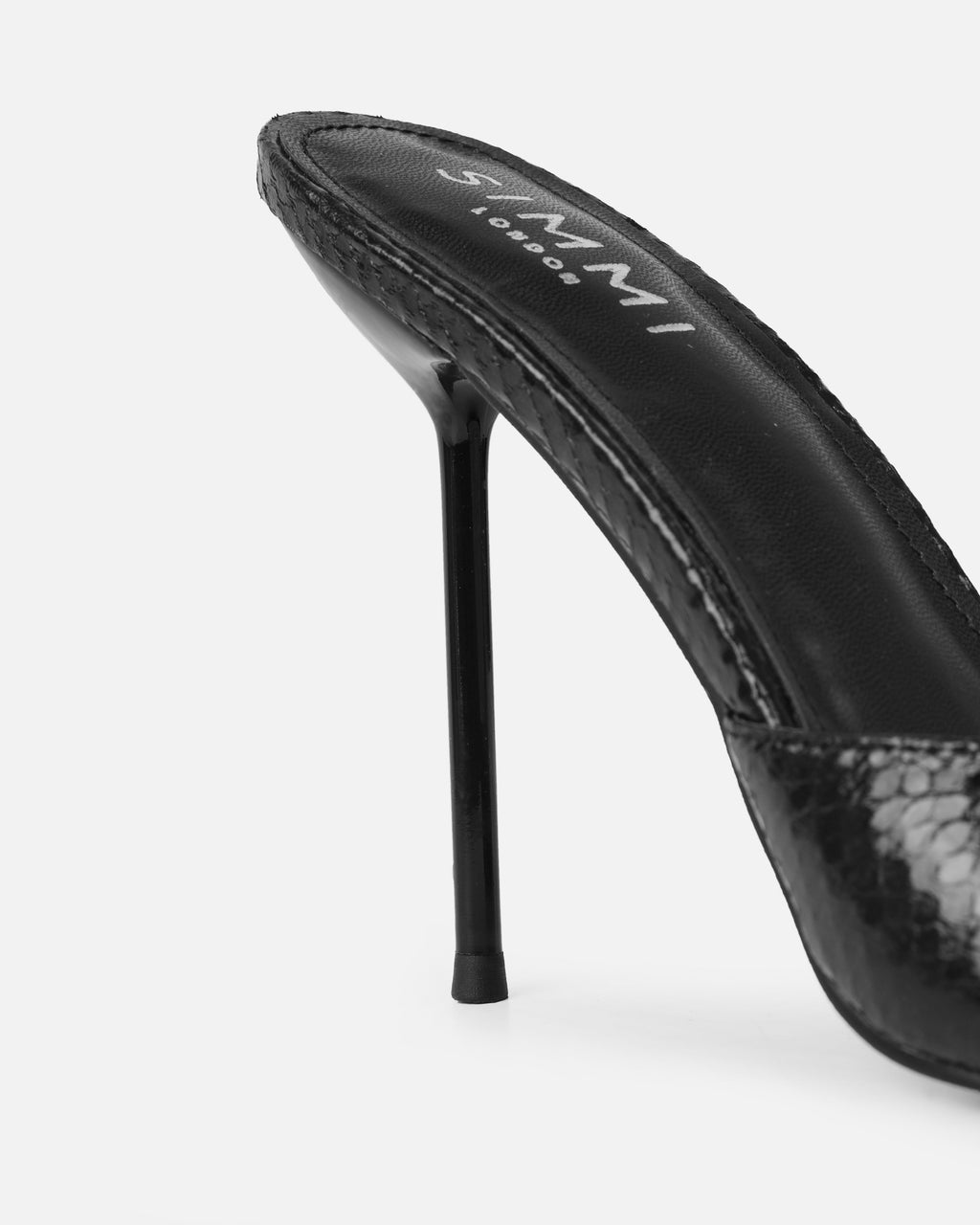 Akia Black Faux Snake Evil Eye Stiletto Mules