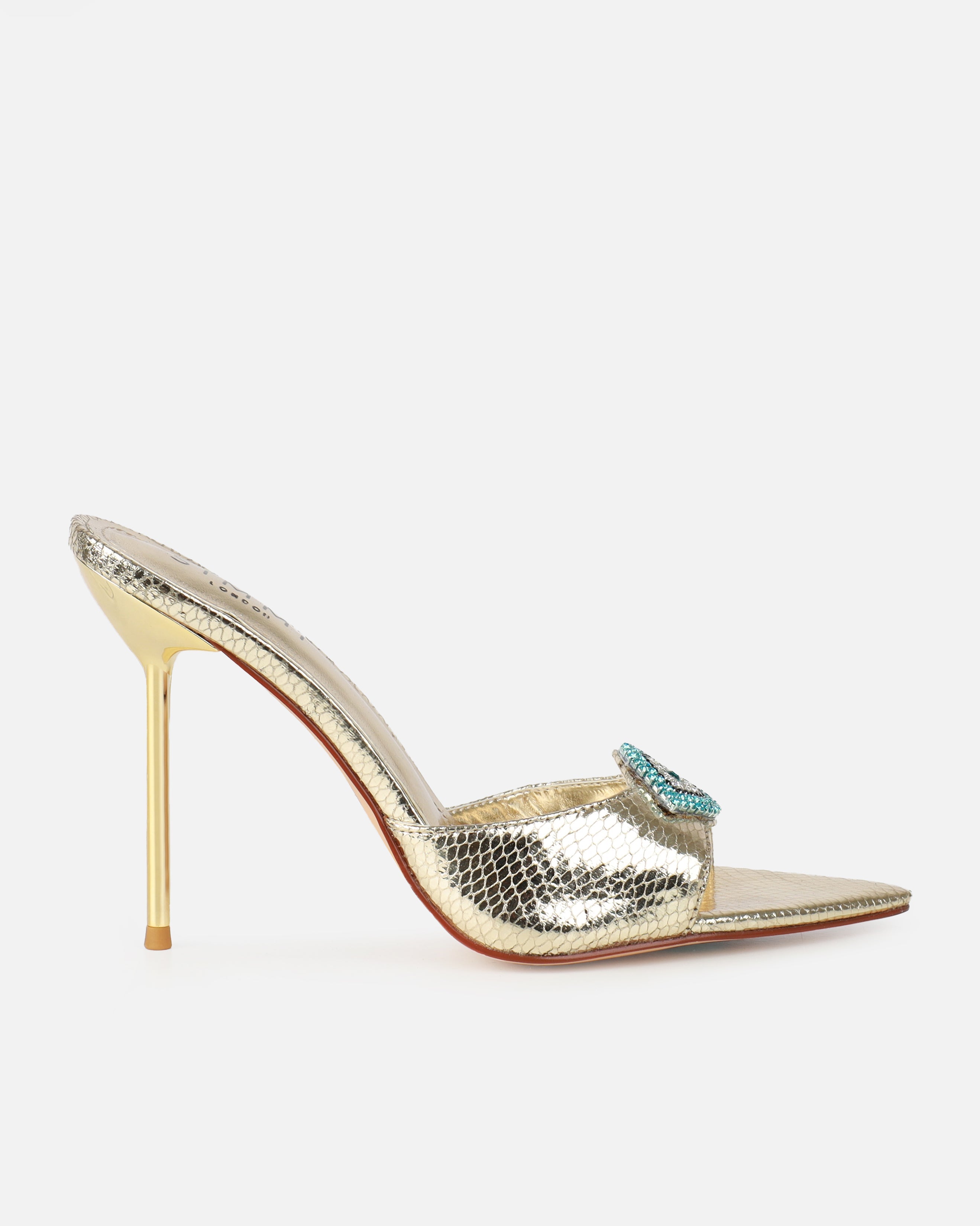Akia Gold Faux Snake Evil Eye Stiletto Mules