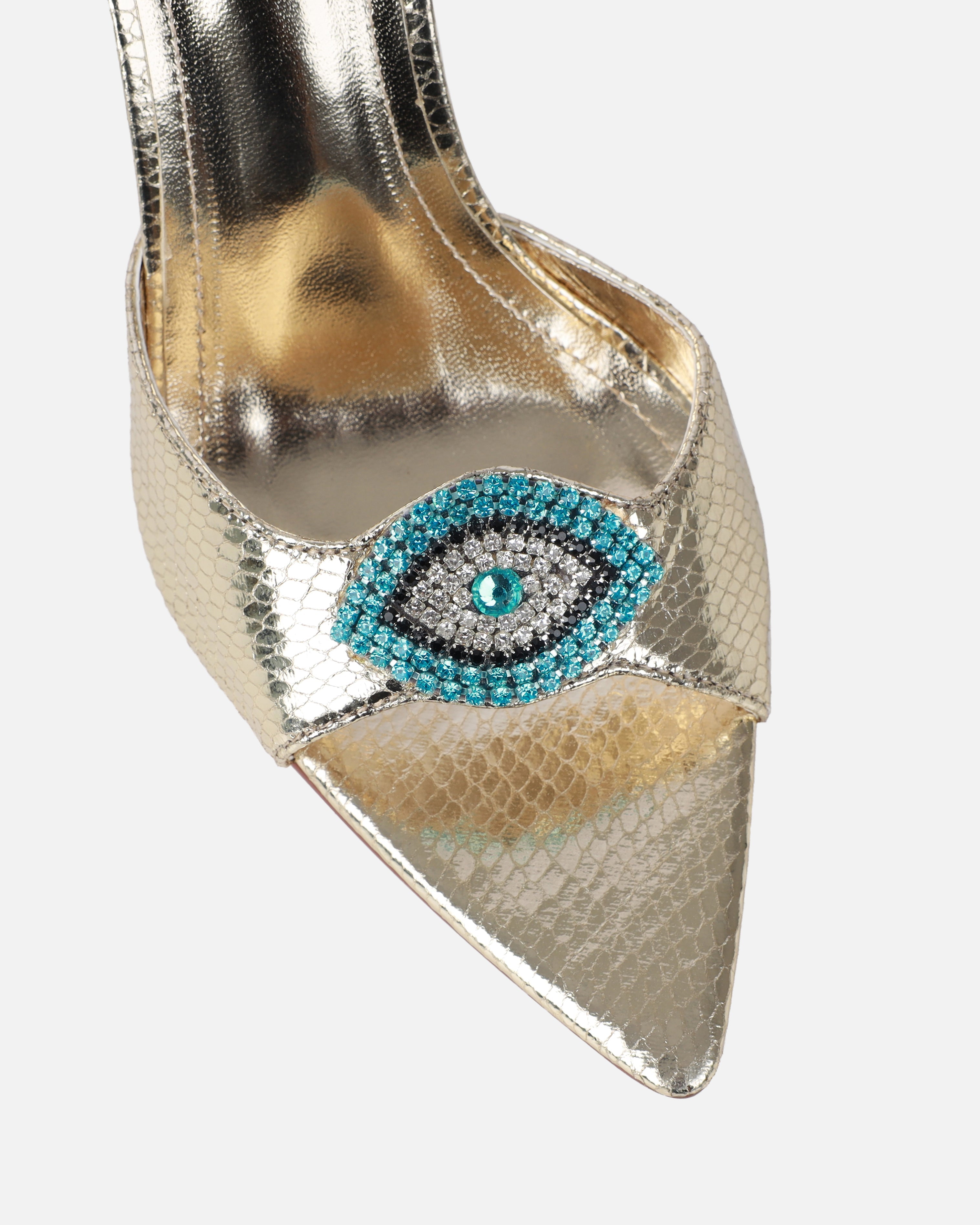 Akia Gold Faux Snake Evil Eye Stiletto Mules