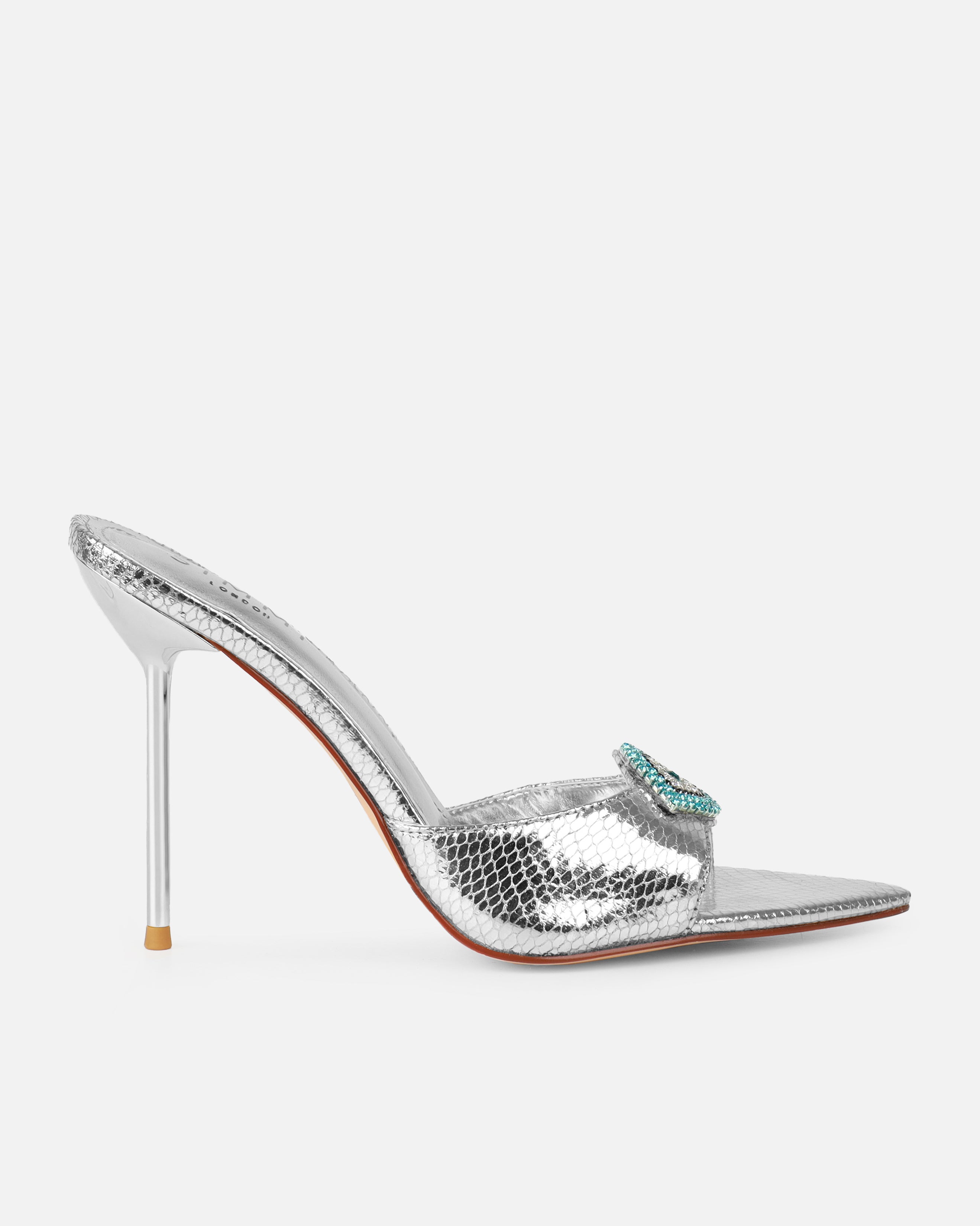 Akia Silver Faux Snake Evil Eye Stiletto Mules