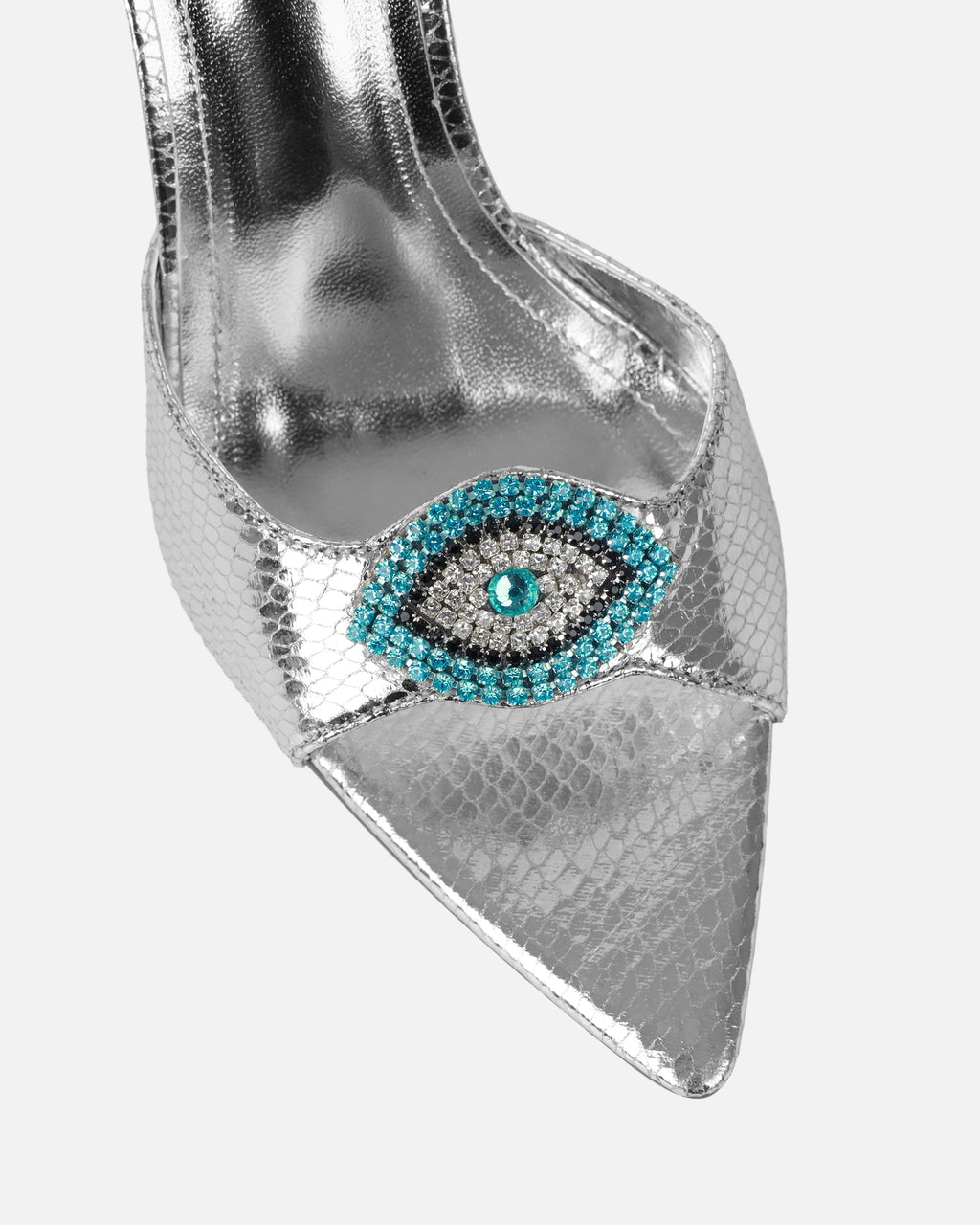 Akia Silver Faux Snake Evil Eye Stiletto Mules
