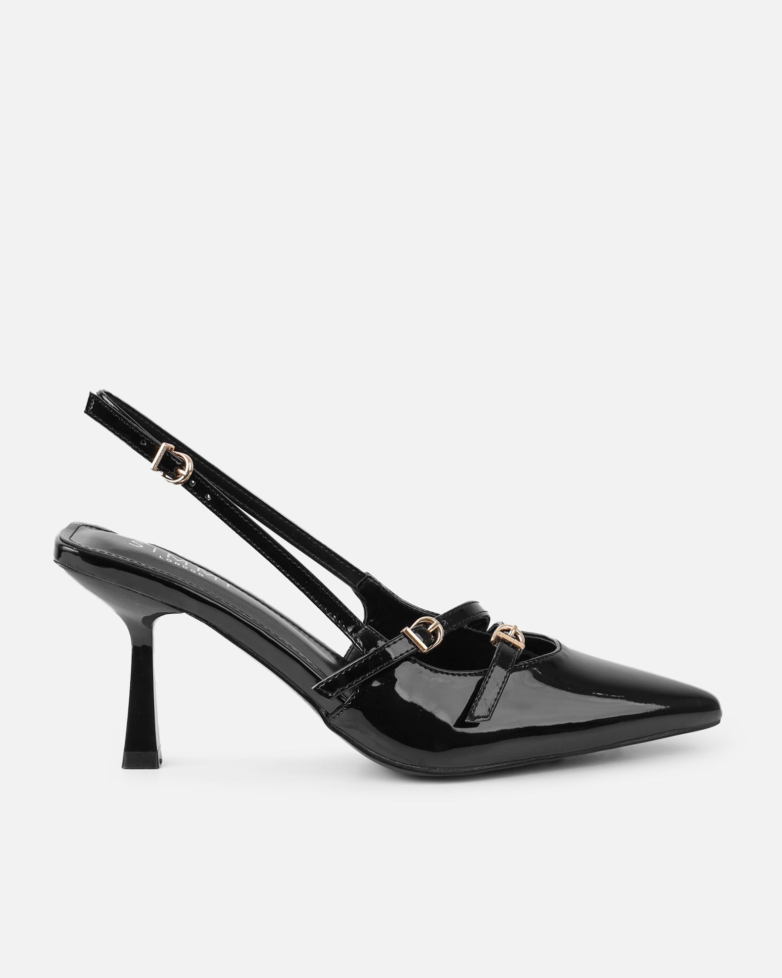 Aksa Black Patent Sling Back Court Shoes