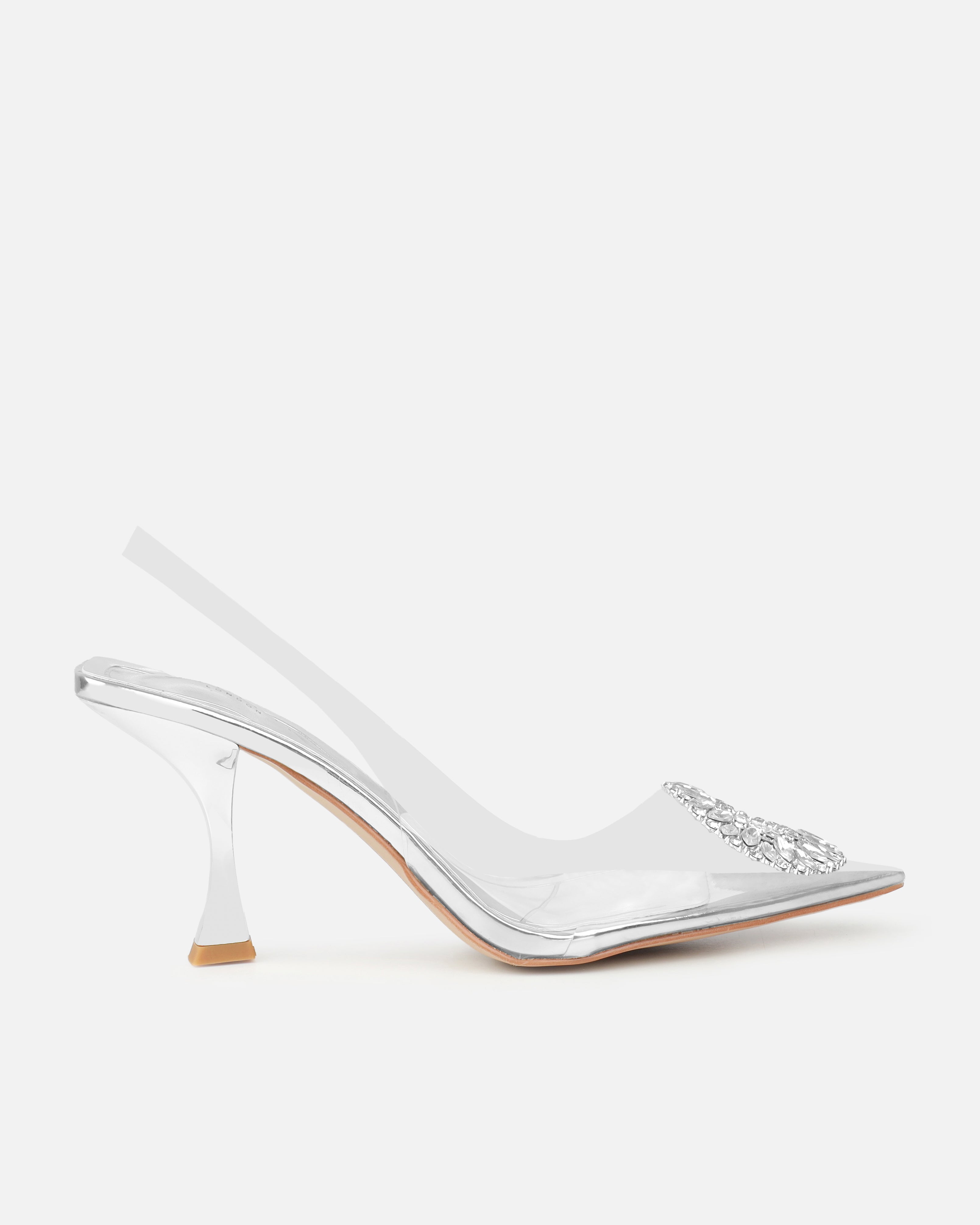 Alanis Silver Clear Diamante Slingback Mid Heel Courts