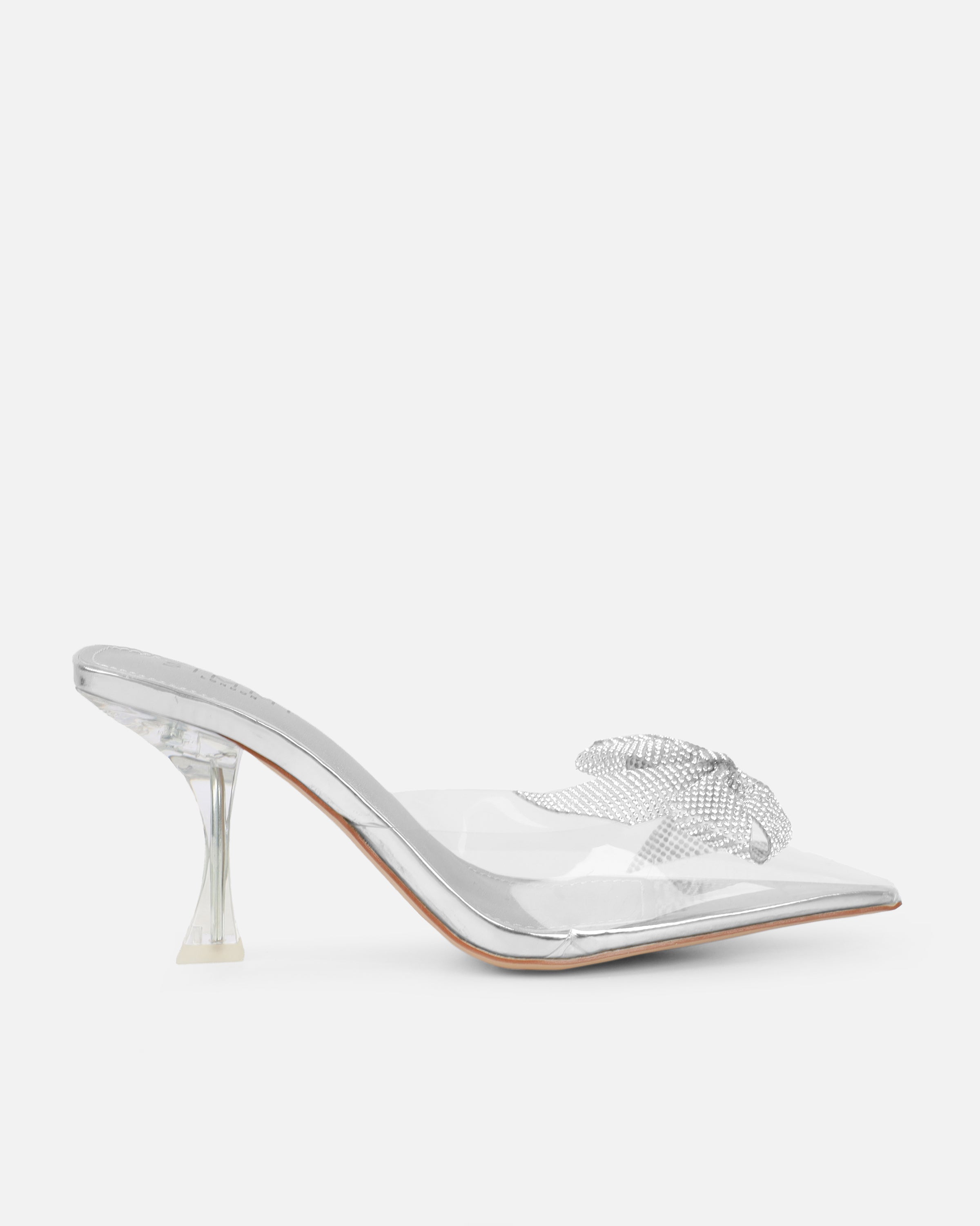 Alorah Clear Silver Mirror Diamante Bow Trim Sling Back Court Shoes