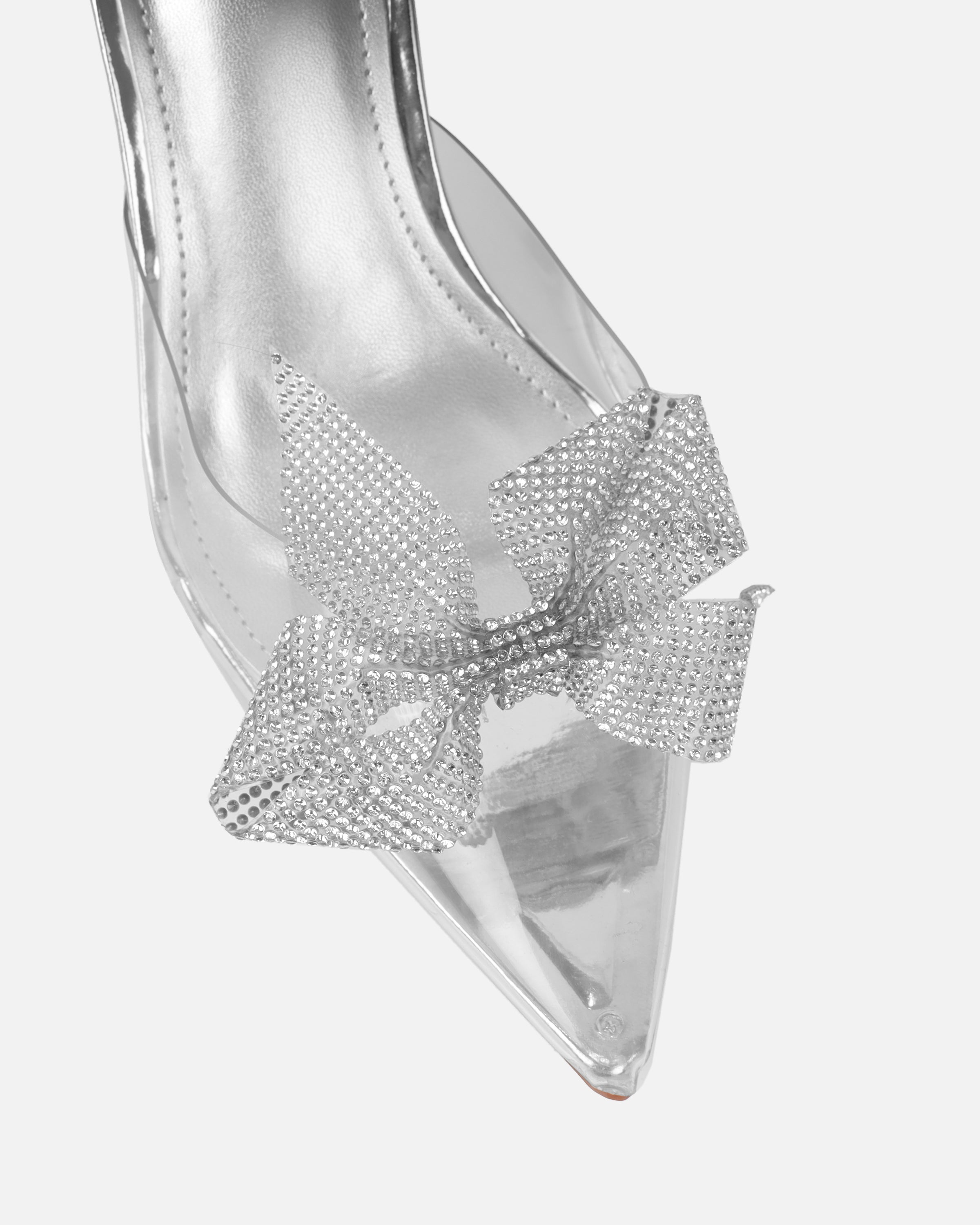 Alorah Clear Silver Mirror Diamante Bow Trim Sling Back Court Shoes