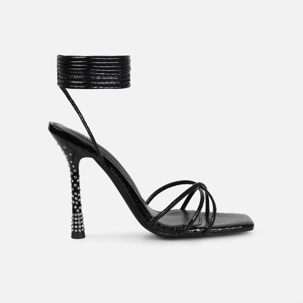 Alenah Black Faux Snake Print Lace Up Diamante Heels