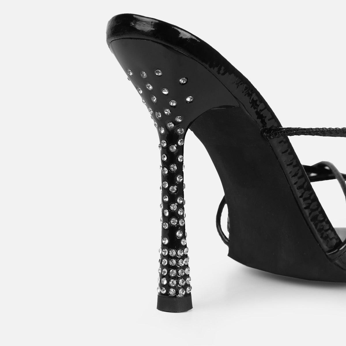 Alenah Black Faux Snake Print Lace Up Diamante Heels