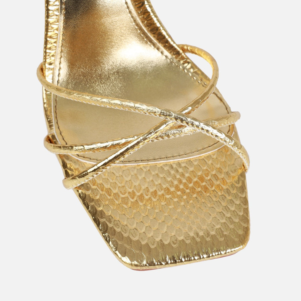 Alenah Gold Faux Snake Print Lace Up Diamante Heels