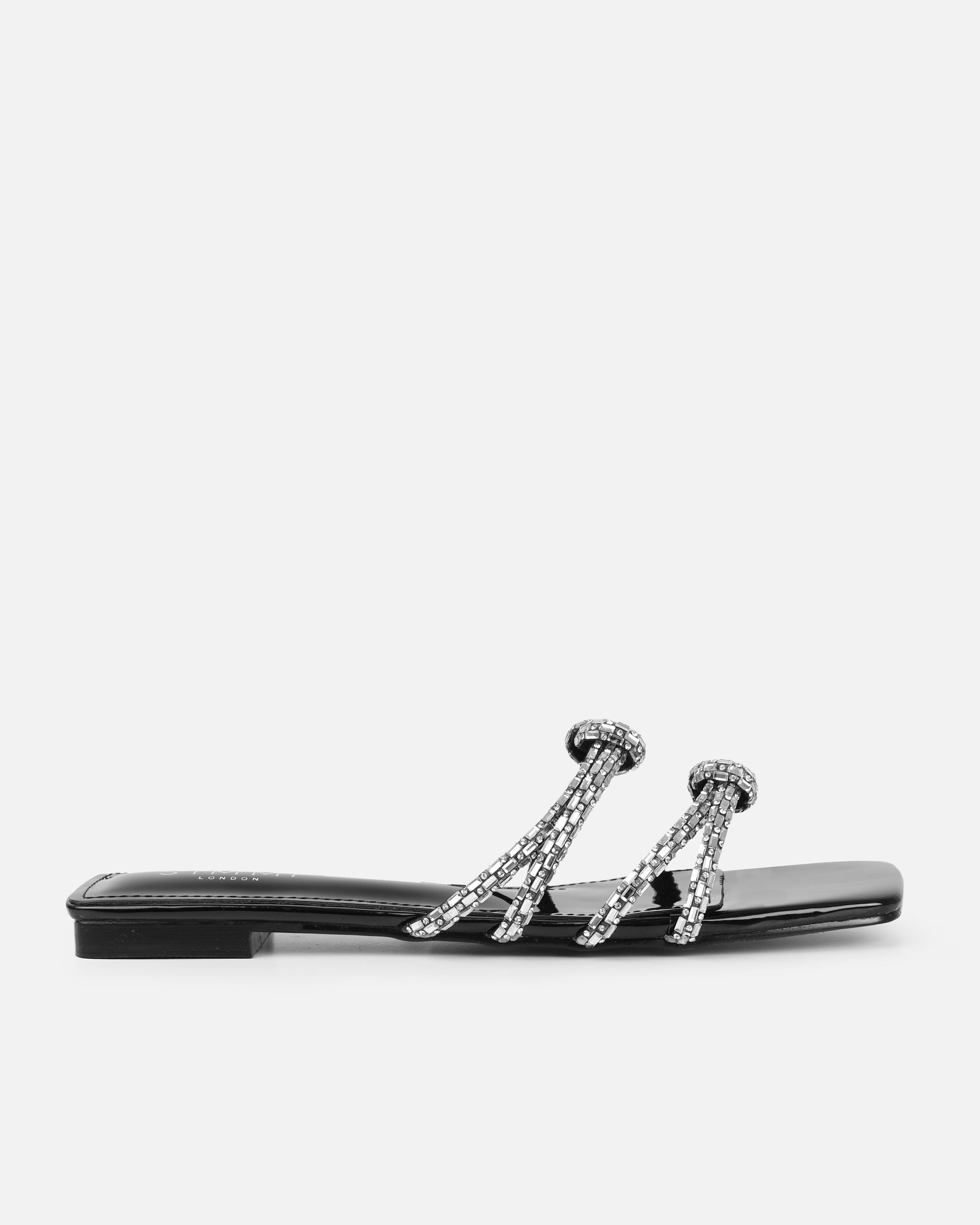 Aliano Black Patent Diamante Flat Sandals
