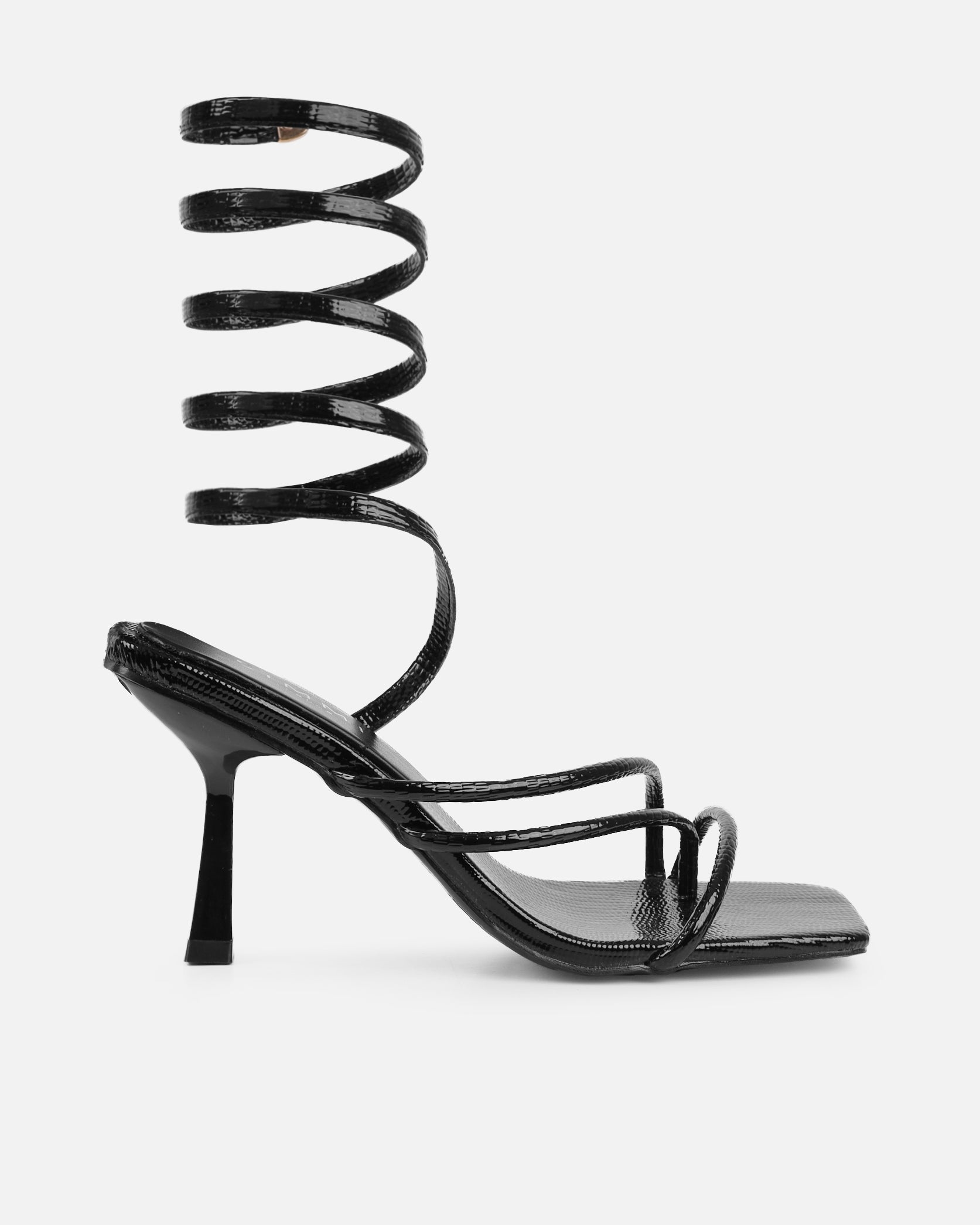 Alii Black Lizard Effect Spiral Mid Heeled Sandals
