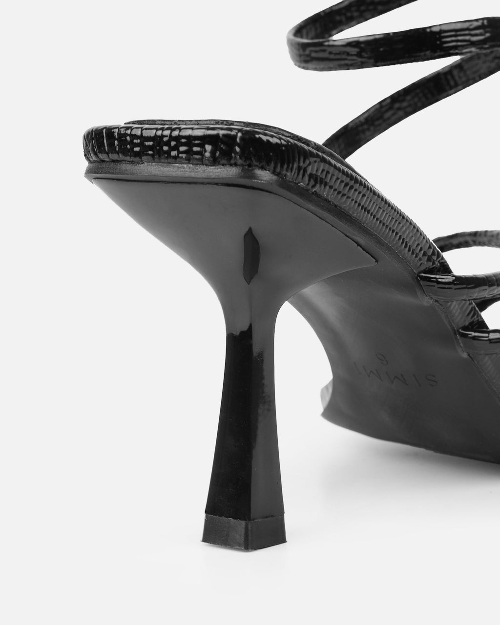 Alii Black Lizard Effect Spiral Mid Heeled Sandals