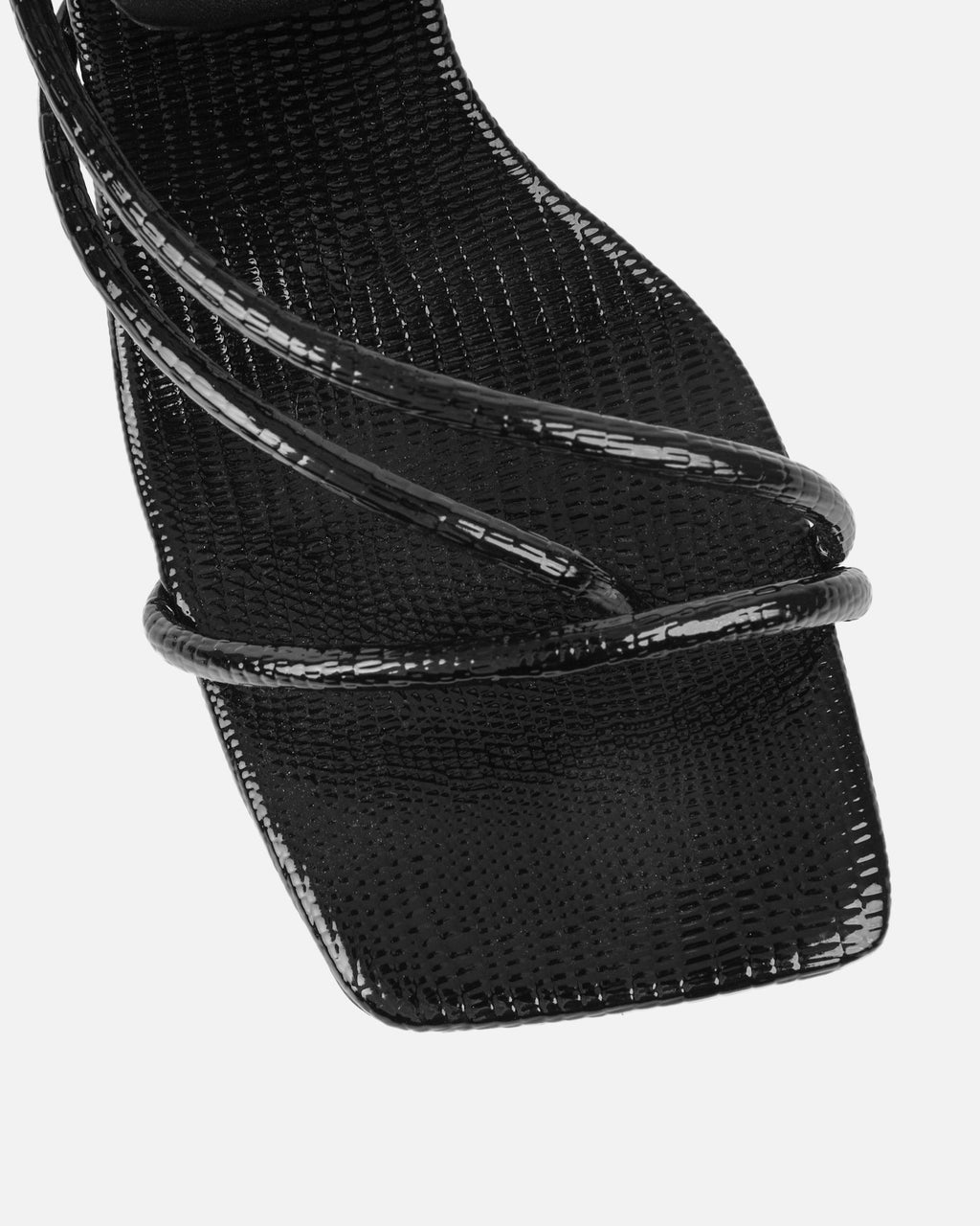 Alii Black Lizard Effect Spiral Mid Heeled Sandals