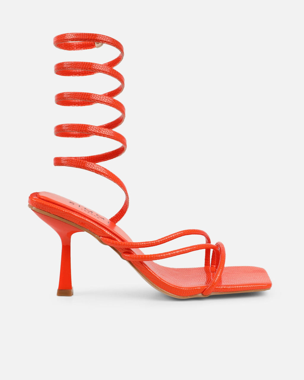 Alii Orange Lizard Effect Spiral Mid Heeled Sandals