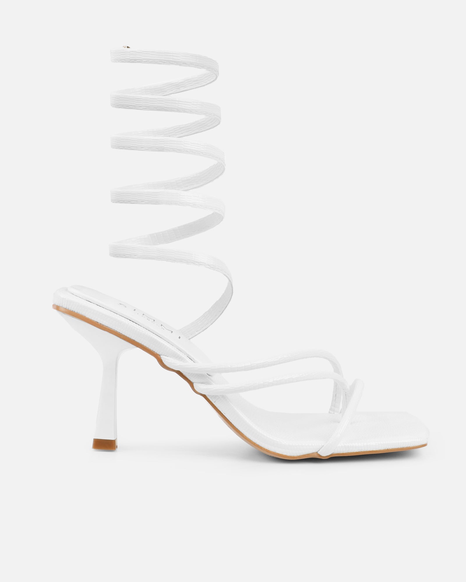 Alii White Lizard Effect Spiral Mid Heeled Sandals
