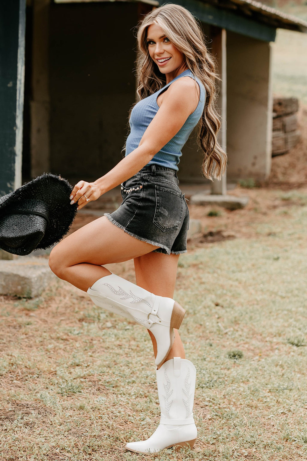 "Feeling Lucky" Ribbed Embroidered Top (Blue)