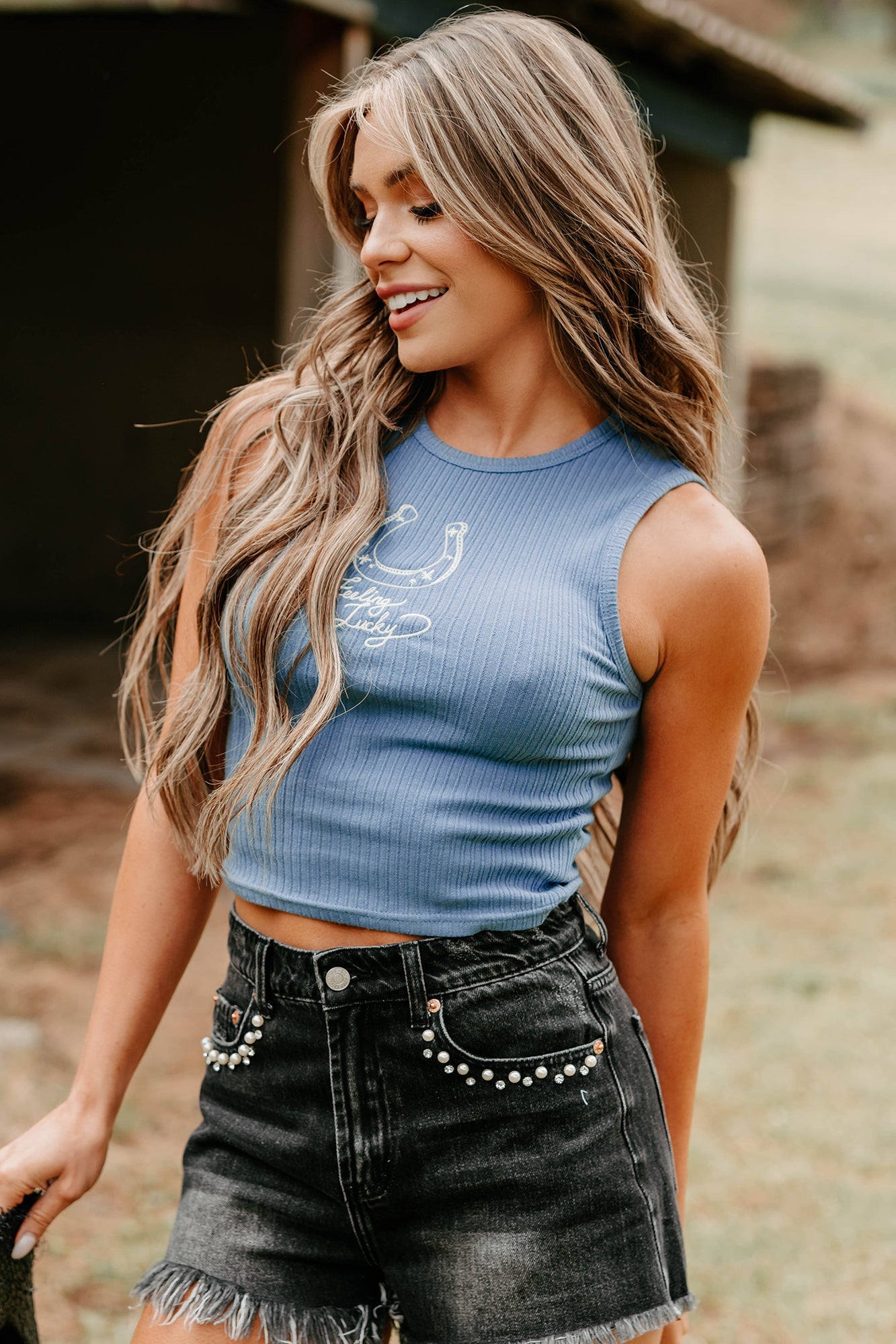 "Feeling Lucky" Ribbed Embroidered Top (Blue)