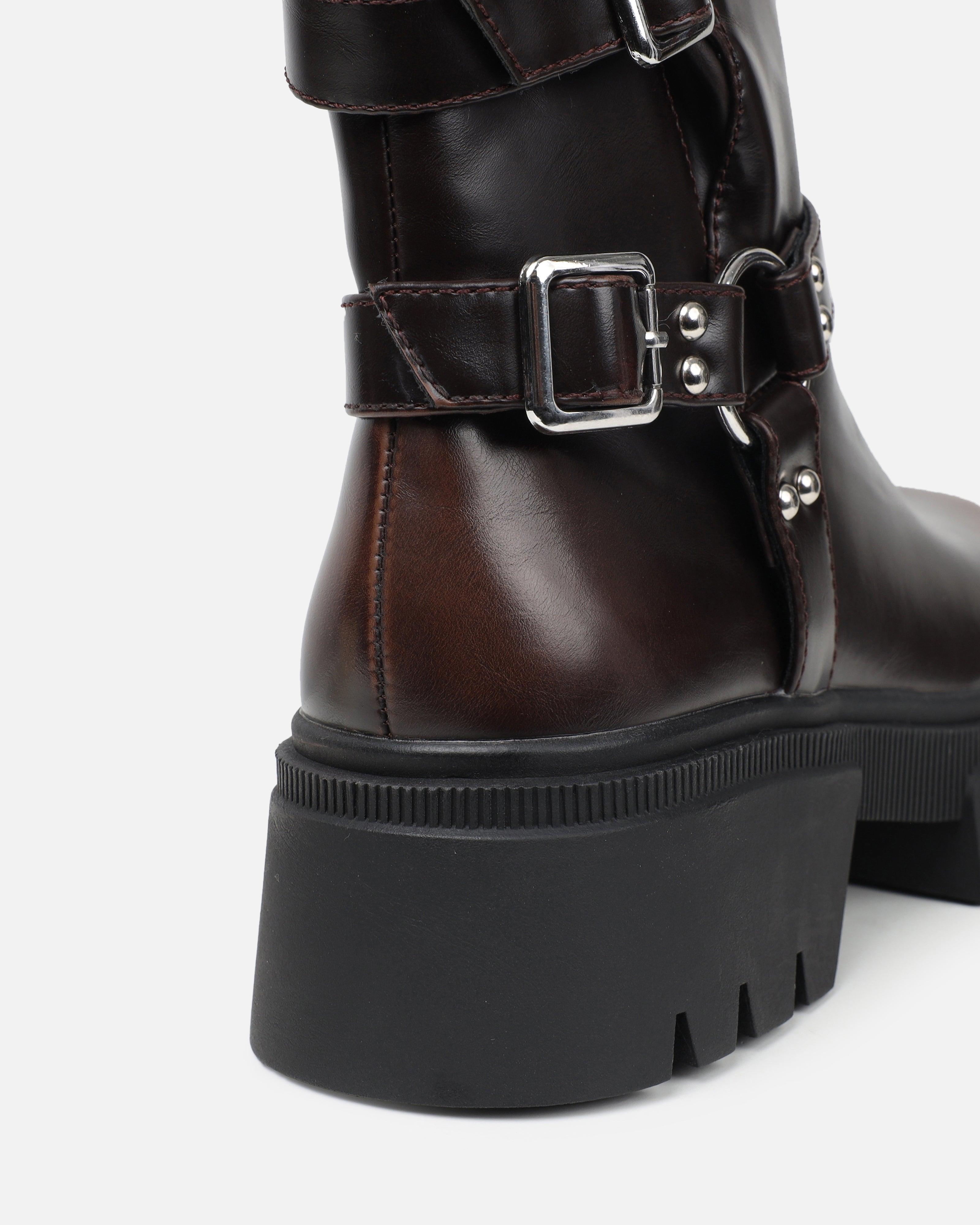 Alpesh Brown Burnished Chunky Biker Boots