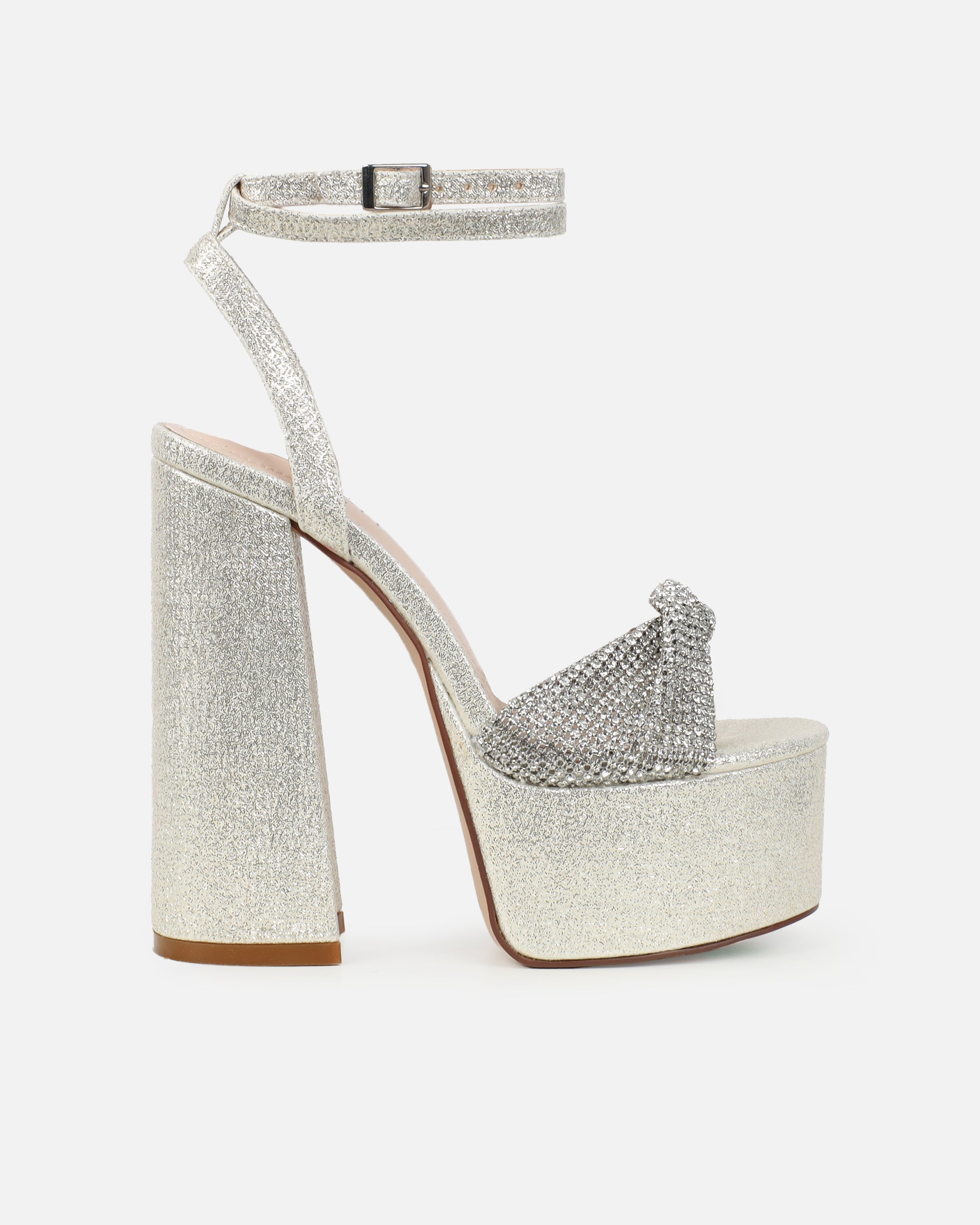 Avery Silver Shimmer Diamante Platform Heeled Sandals