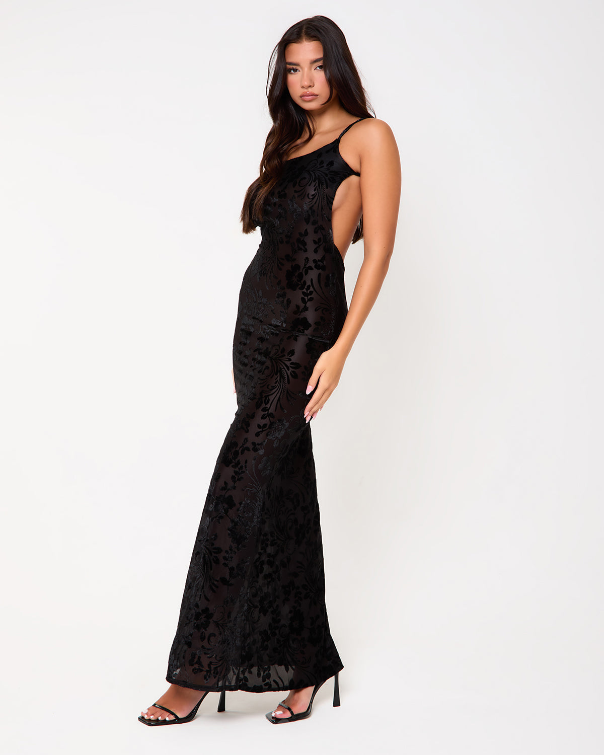 Chelsea Black Devore Backless Maxi Dress