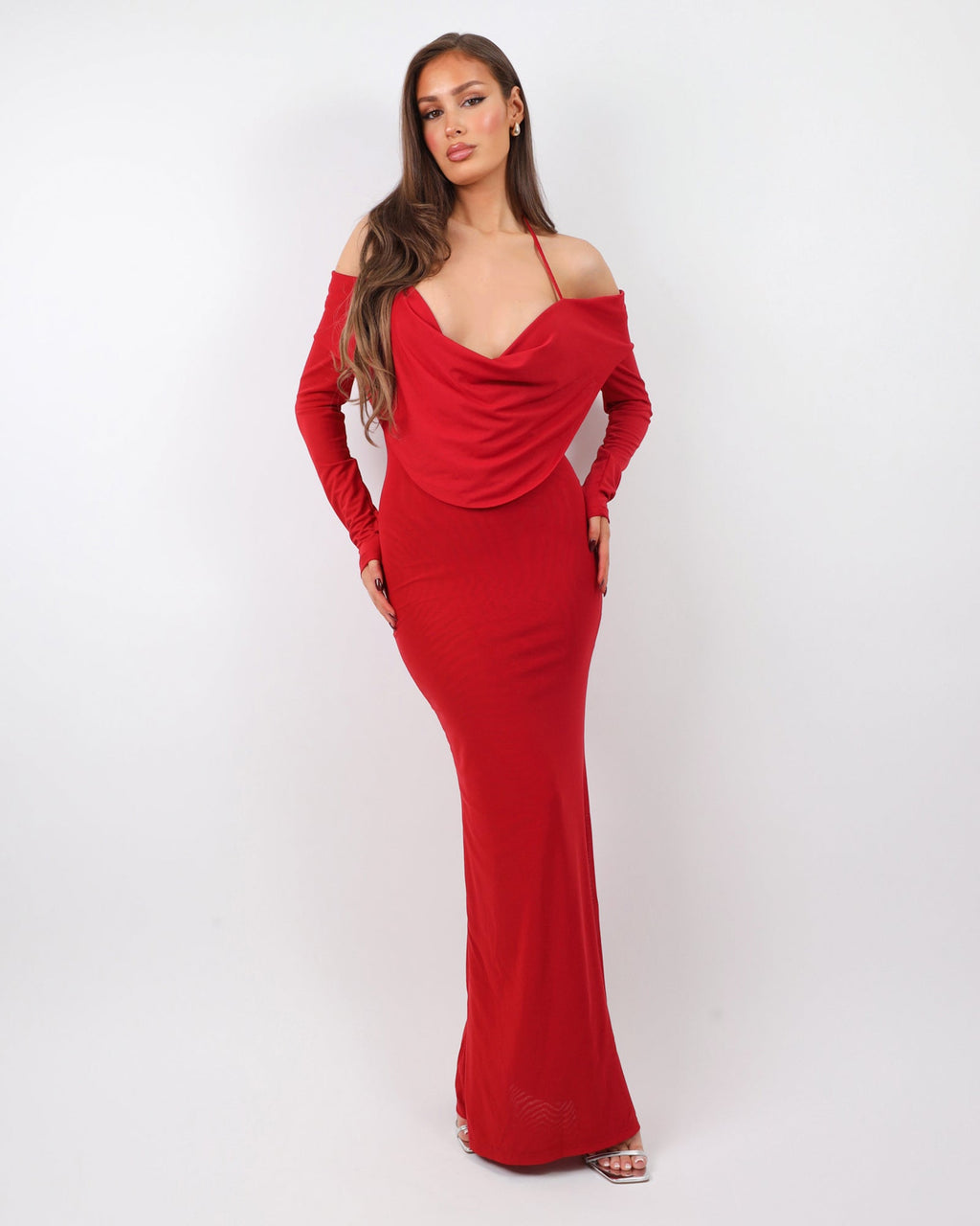 Bordeaux Red Extreme Cowl Maxi Dress