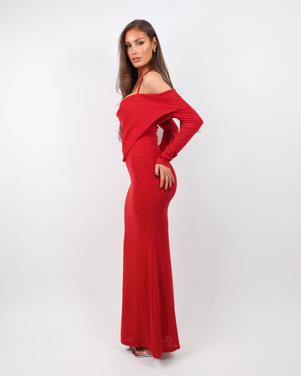 Bordeaux Red Extreme Cowl Maxi Dress
