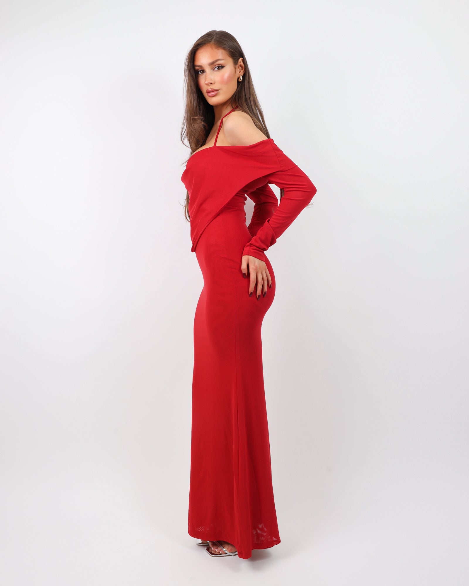 Bordeaux Red Extreme Cowl Maxi Dress