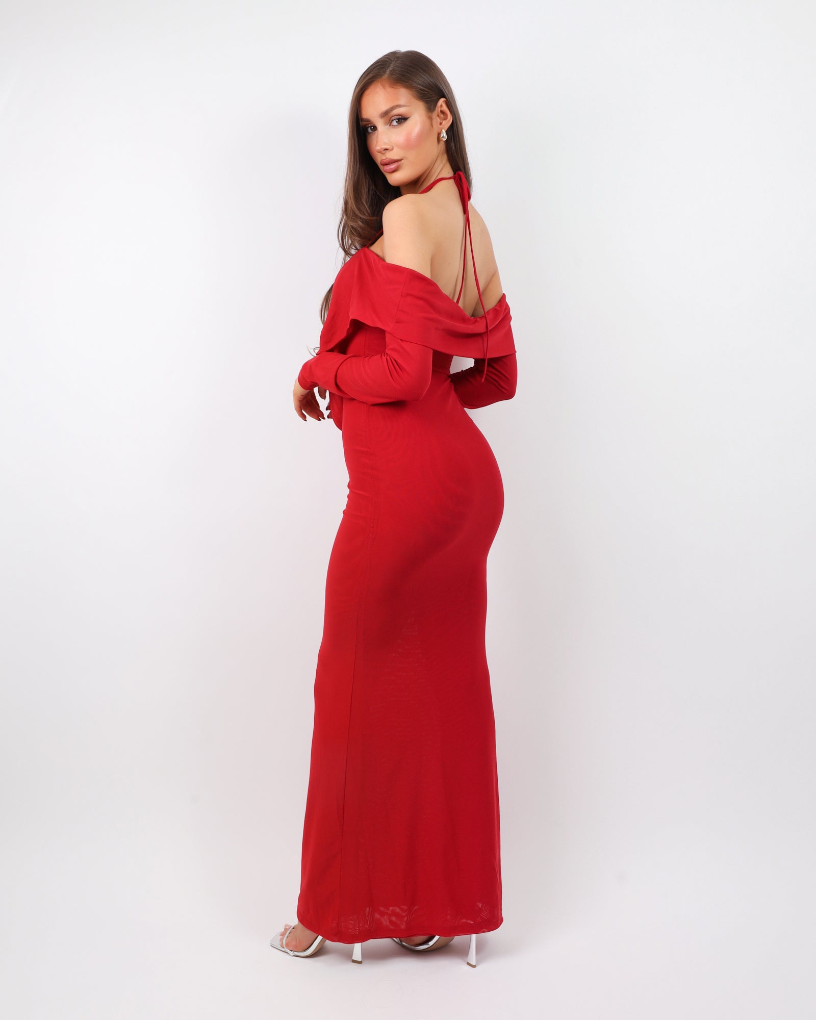 Bordeaux Red Extreme Cowl Maxi Dress