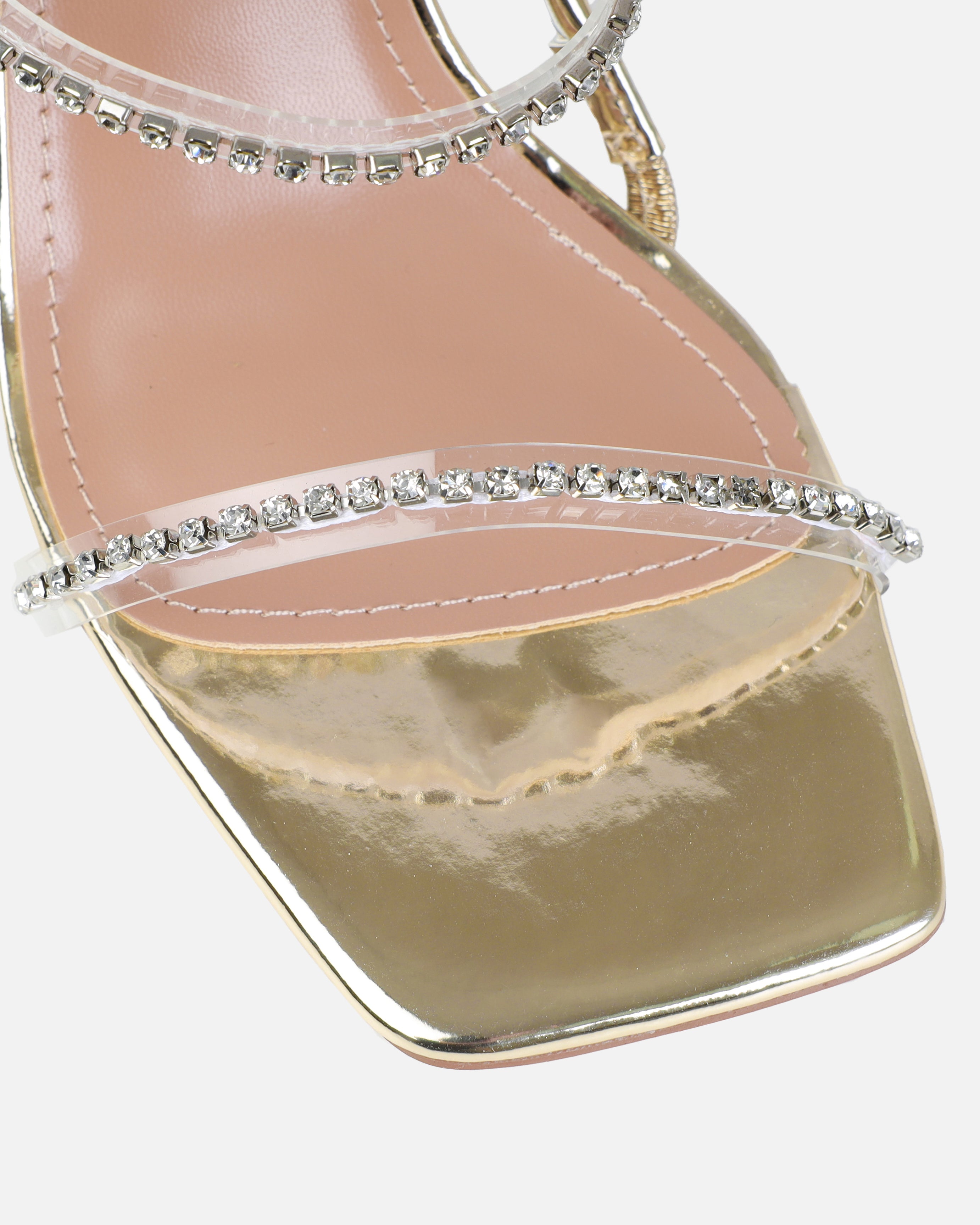 Dionne Crowe Confetti Gold Clear Diamante Mid Heel Mules