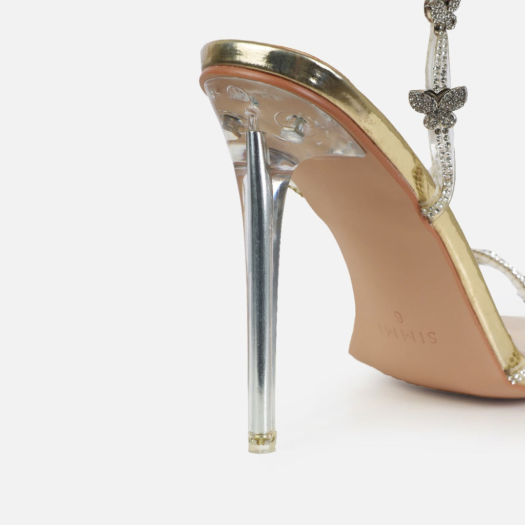 Britta Gold Mirror Butterfly Lace Up Clear Stiletto Heels