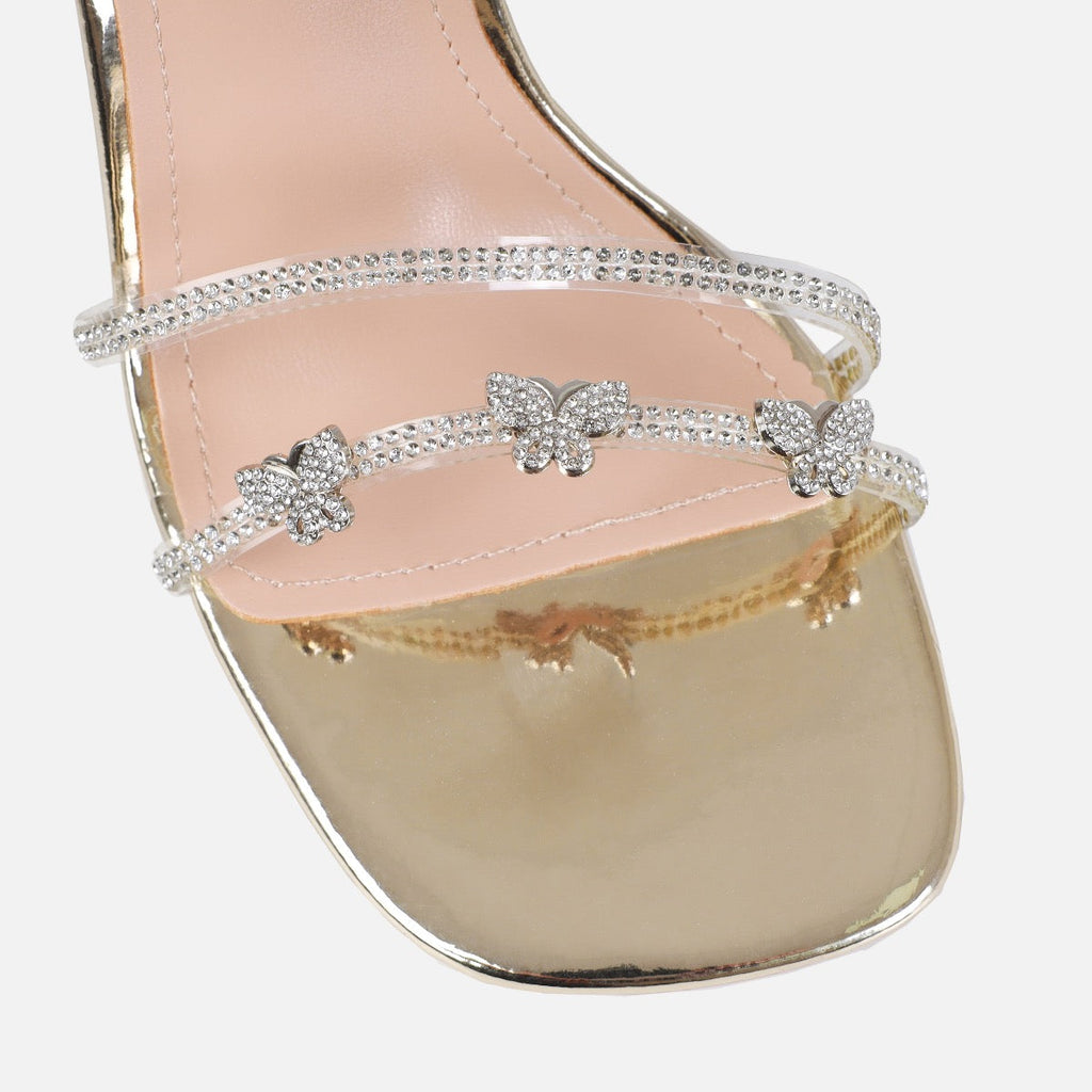 Britta Gold Mirror Butterfly Lace Up Clear Stiletto Heels