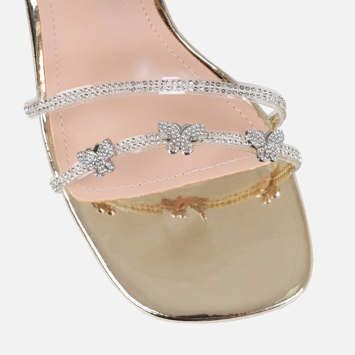 Britta Gold Mirror Butterfly Lace Up Clear Stiletto Heels
