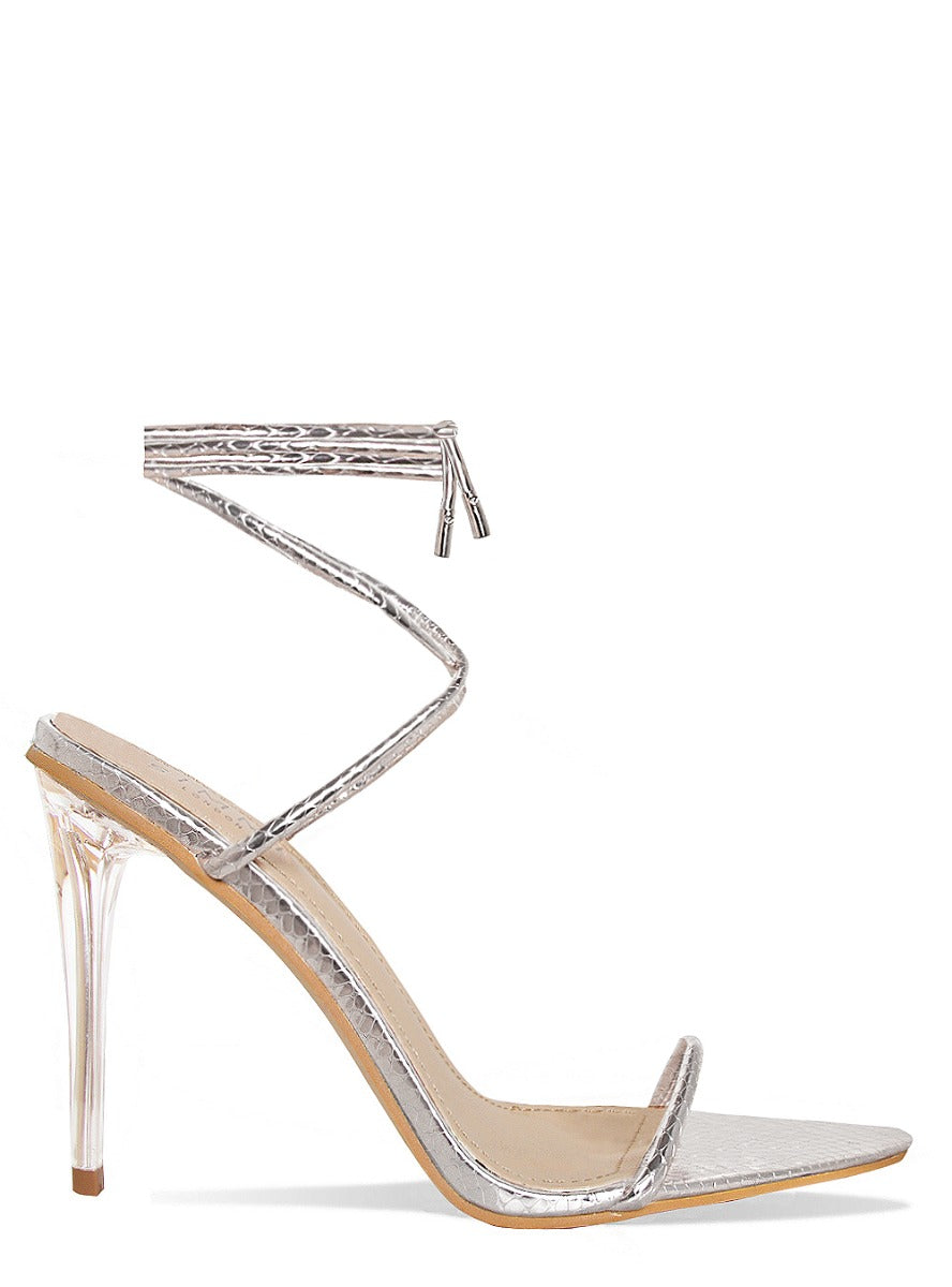 Gemini Silver Snake Lace Up Clear Heels