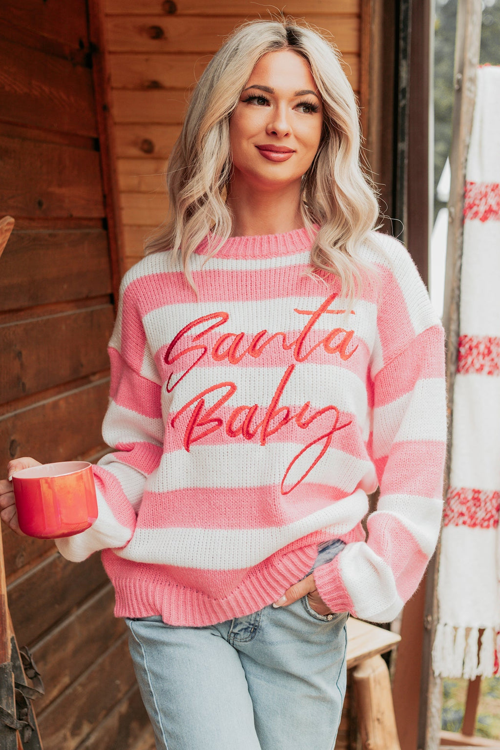 "Santa Baby" Stripe Knit Sweater (Pink/Multi)