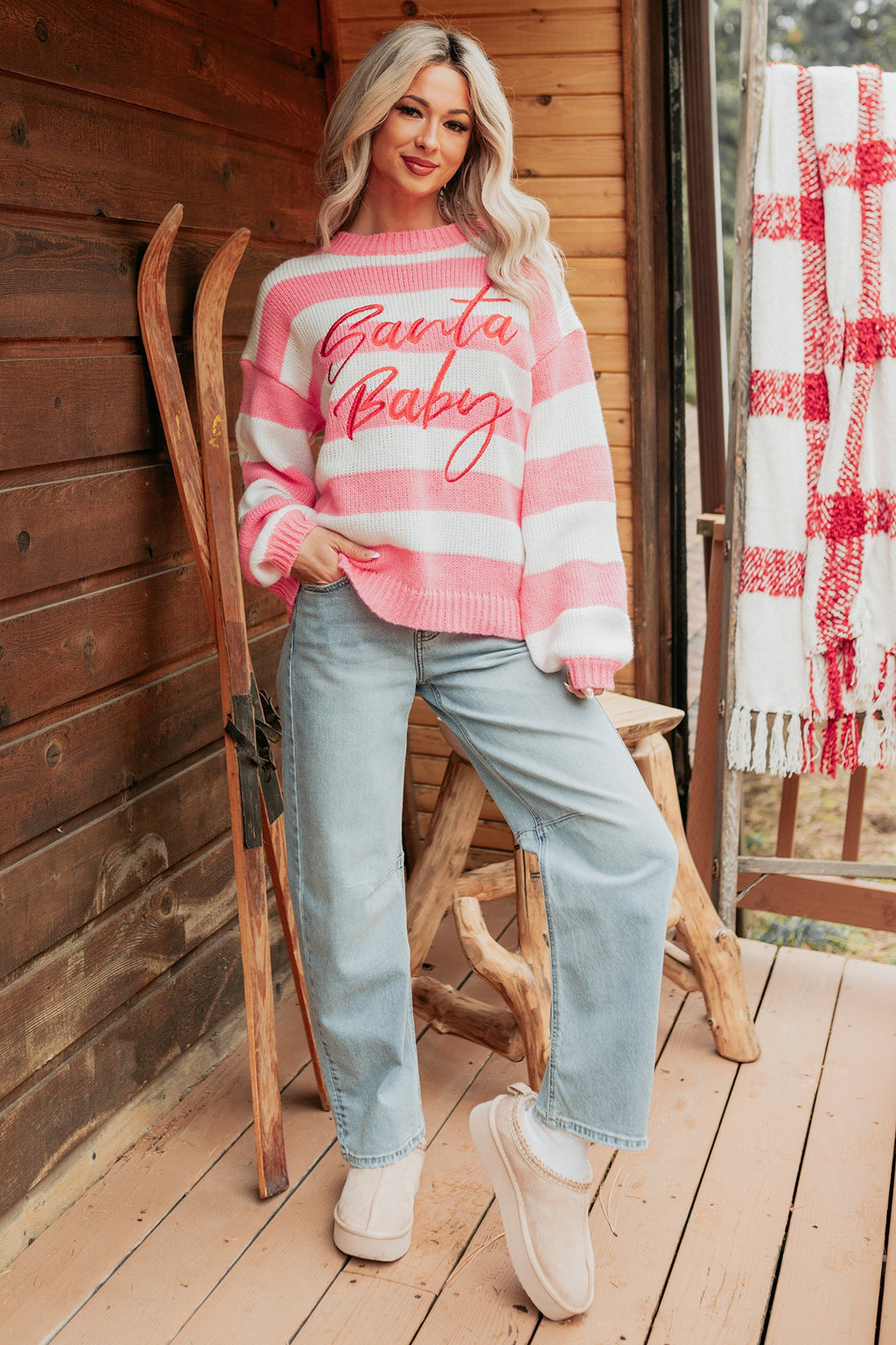 "Santa Baby" Stripe Knit Sweater (Pink/Multi)