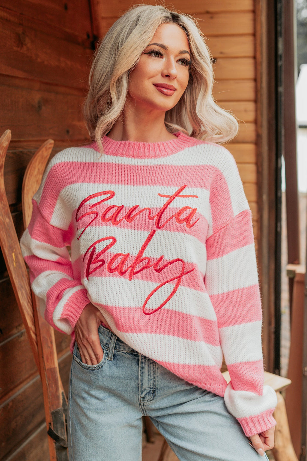 "Santa Baby" Stripe Knit Sweater (Pink/Multi)