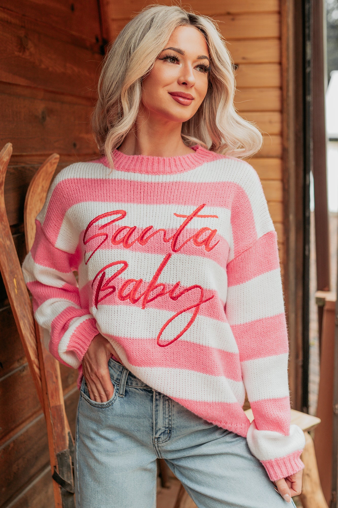 "Santa Baby" Stripe Knit Sweater (Pink/Multi)